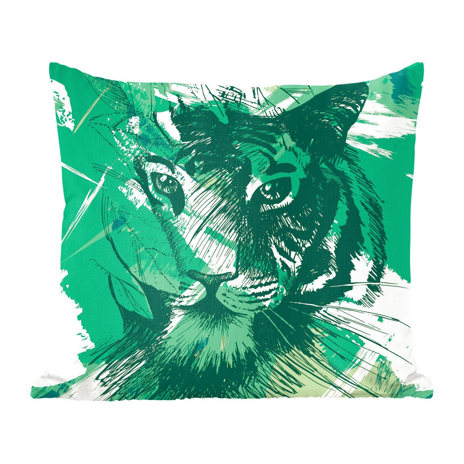 MuchoWow Dekokissen Tiger - Kopf - Grün, Zierkissen mit Füllung für Wohzimmer, Schlafzimmer, Deko, Sofakissen