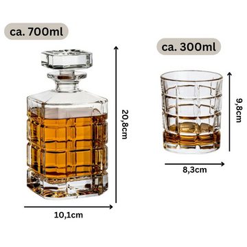 gouveo Karaffe Whiskykaraffe mit 4 Gläser - Whisky-Set aus hochwertigem Glas