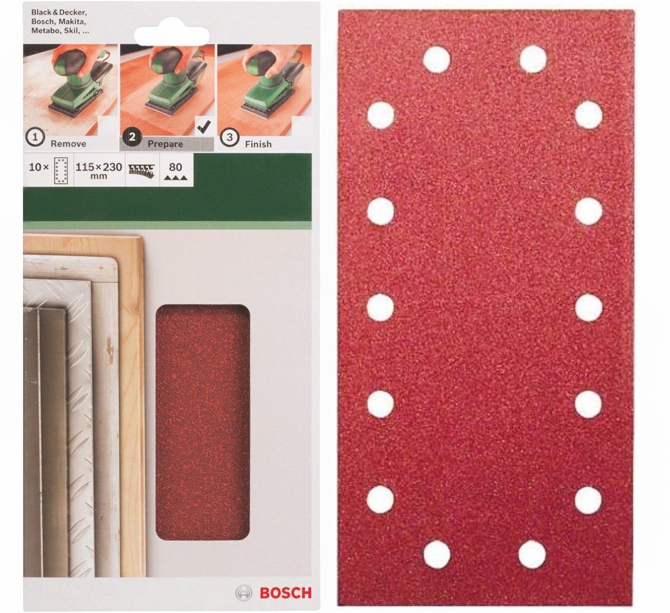 BOSCH Schleifpapier Schleifblatt Klett 10 x, 115 x 230 mm, K 80 für Schwingschleifer