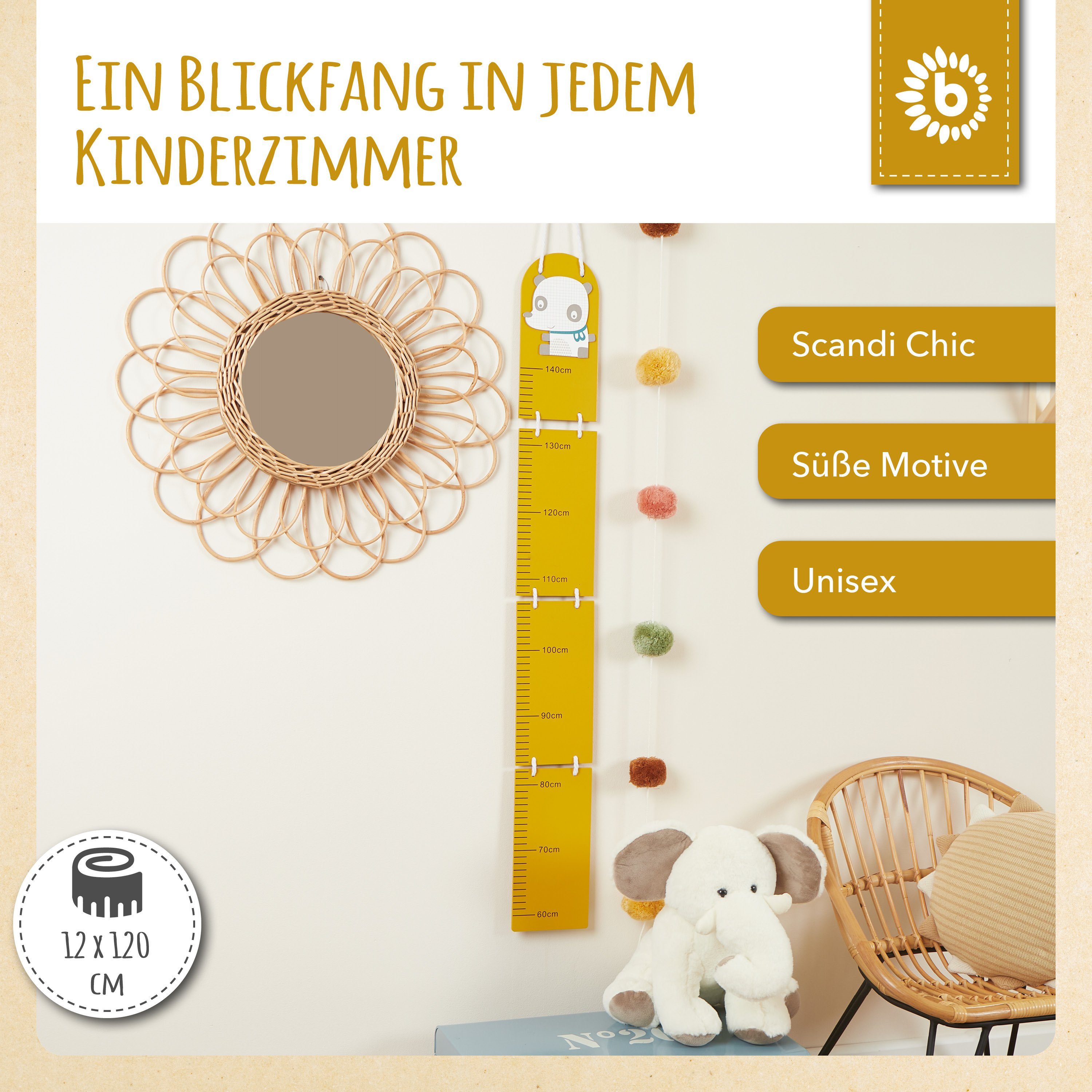 BIECO Messlatte Bieco Holz Messlatte Kinder Panda Skala 0,6-1,4m Wand Dekoration
