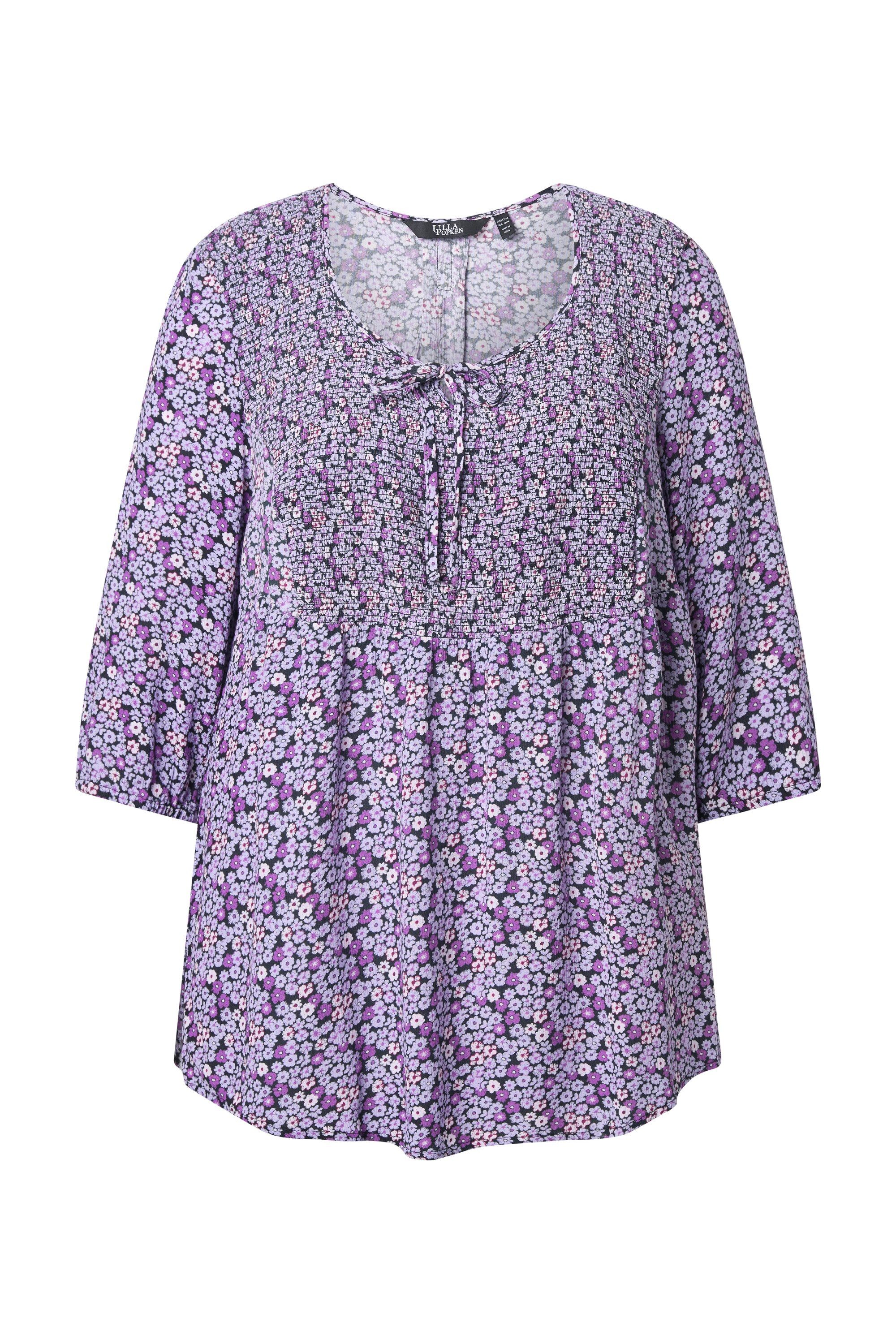 Ulla Popken Tunika Smokbluse Blüten A-Linie Rundhals 3/4-Arm günstig online kaufen