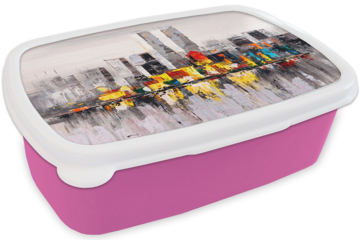 MuchoWow Lunchbox Gemälde Kinder, - Erwachsene, Skyline - Kunststoff, Farben Ölfarbe, rosa Mädchen, Brotdose Brotbox für - Kunststoff Snackbox, (2-tlg)