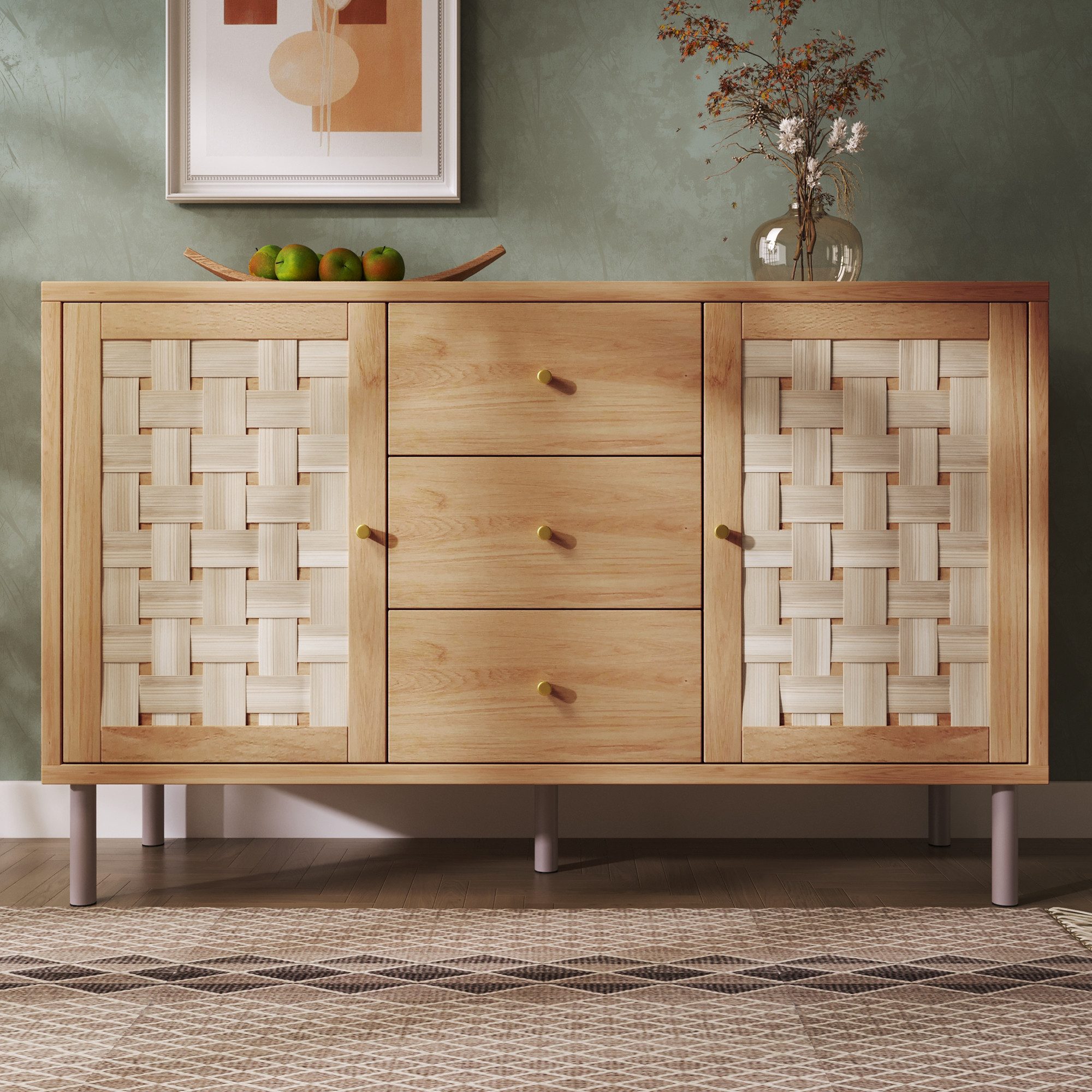Flieks Kommode Sideboard mit 3 Schubladen und 2 gewebte Türen in Landhausstil (120x40x75 cm, 1 St., Schrank für Wohnzimmer, Flur, Esszimmer, Schlafzimmer), Mehrzweckschrank mit höhenverstellbare Einlegeböden Eicheholzfarbe