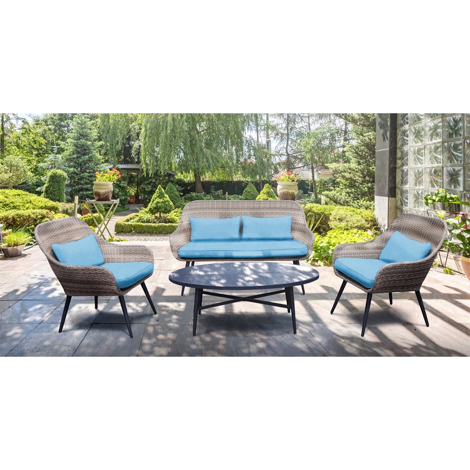 Gartenlounge-Set Lesina, Terrassenmöbel Blau 2 HTI-Living 4-tlg), Zweisitzer Polyrattan (Set, Tisch Sessel mit