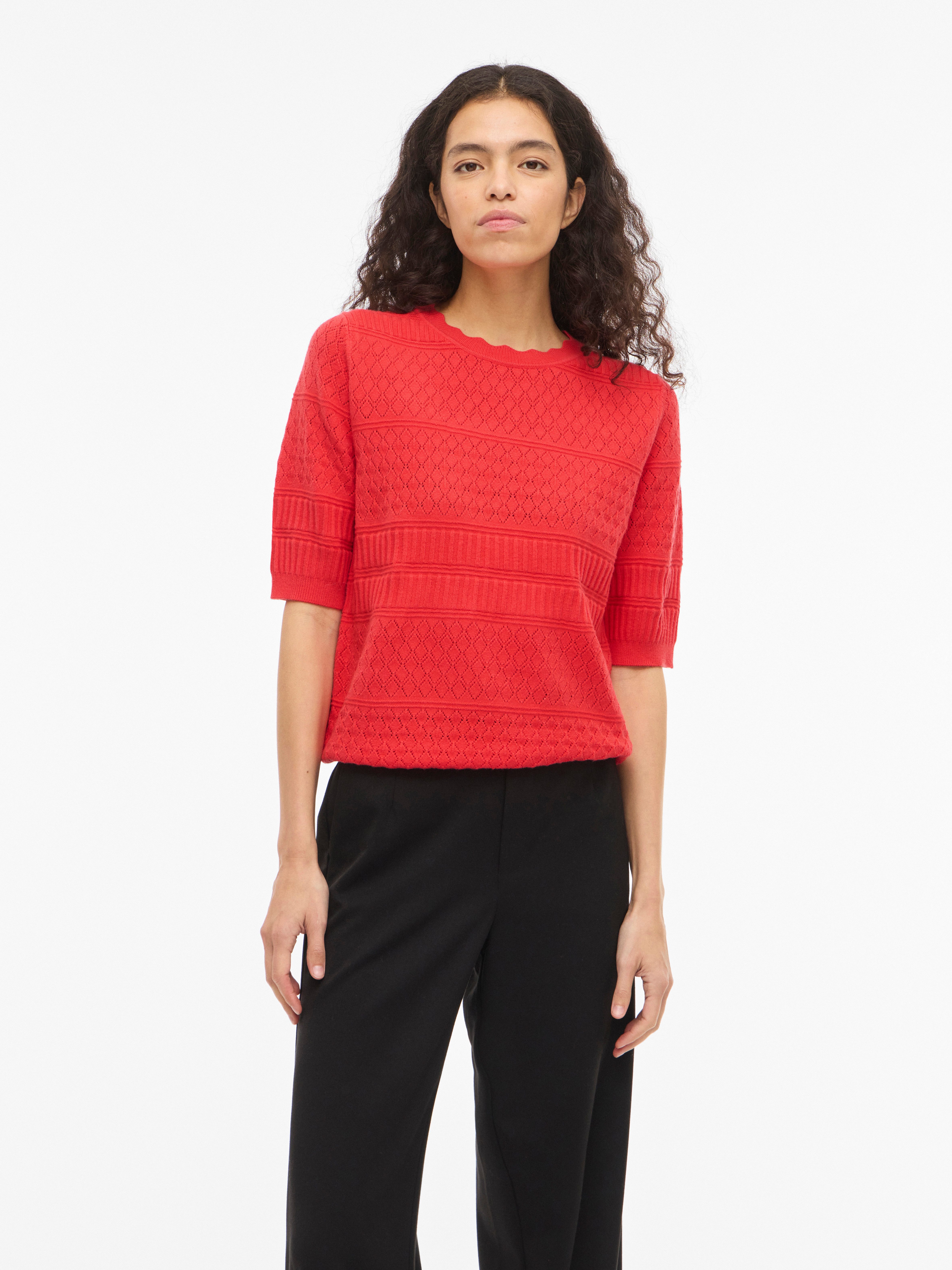Vila Kurzarmpullover VIMILOS S/S O-NECK POINTELLE TOP - NOOS