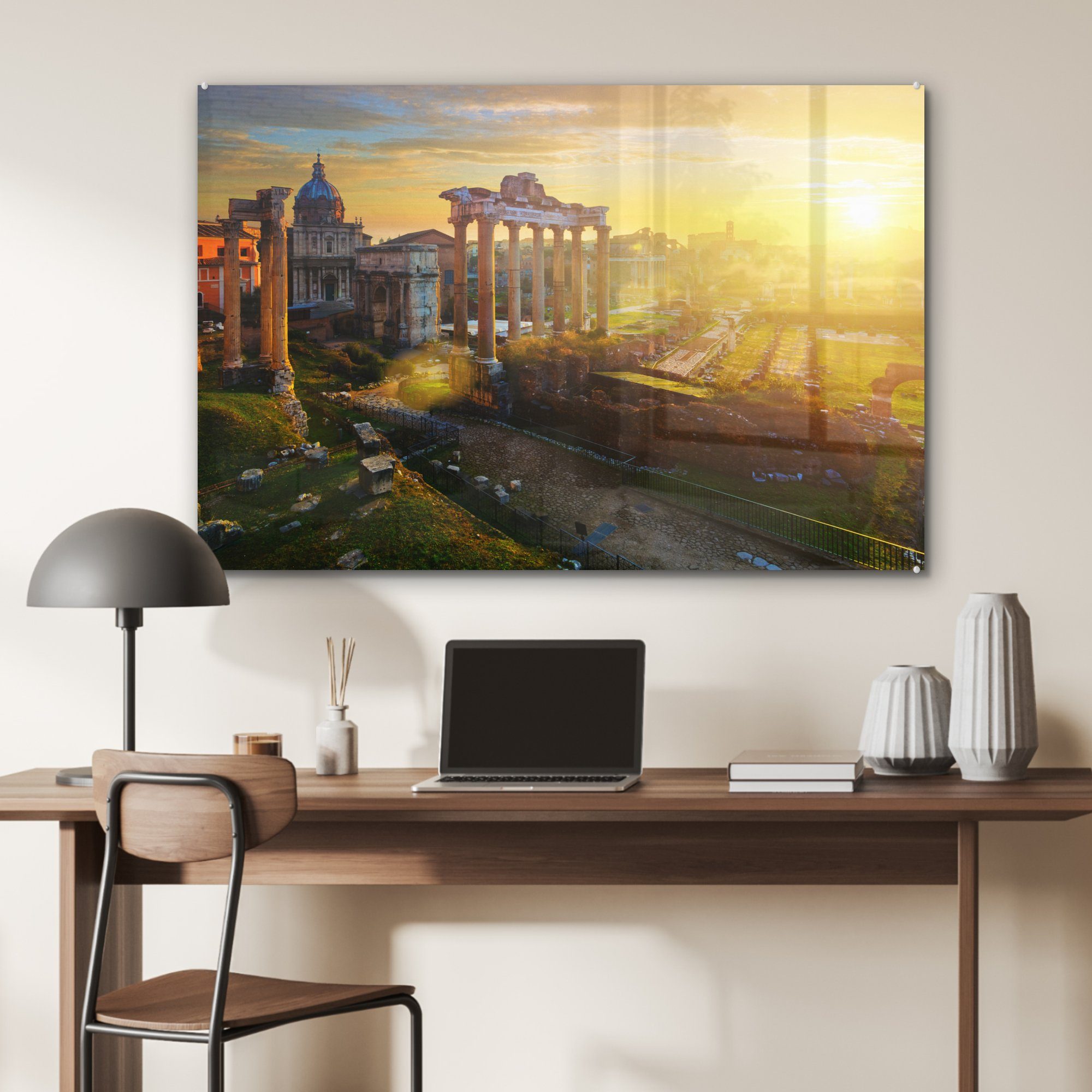 Wohnzimmer Triumphbögen am Acrylglasbilder Vespasian St), Tempel Sonne von MuchoWow Acrylglasbild Von beleuchtete (1 und, Schlafzimmer der &