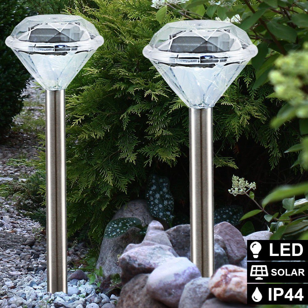 etc-shop LED Solarleuchte, LED-Leuchtmittel fest verbaut, Neutralweiß, 2er Set LED Außen Steck Lampe SOLAR Beleuchtung Diamant Design Garten