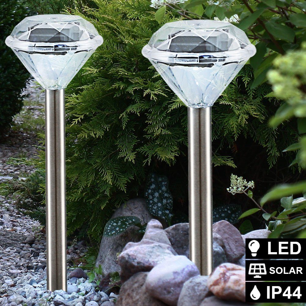 Solarleuchte, Design Set Steck LED etc-shop Beleuchtung Neutralweiß, Lampe verbaut, fest LED-Leuchtmittel Garten Diamant Außen 2er LED SOLAR