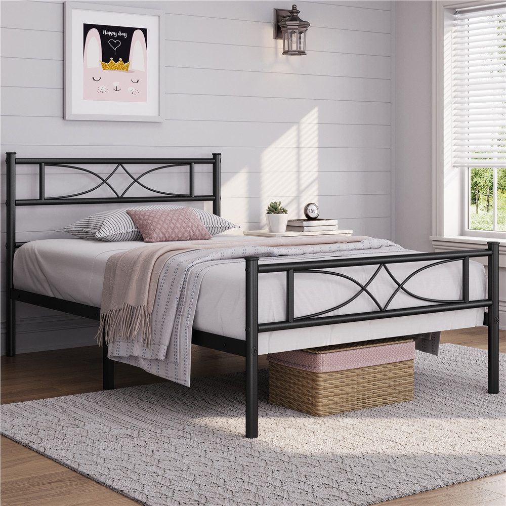 Yaheetech Metallbett Bettgestell im industriellen Stil, Bettrahmen mit Kopfteil Gästebett mit Lattenrost für Schlafzimmer – Bild 2 von 5