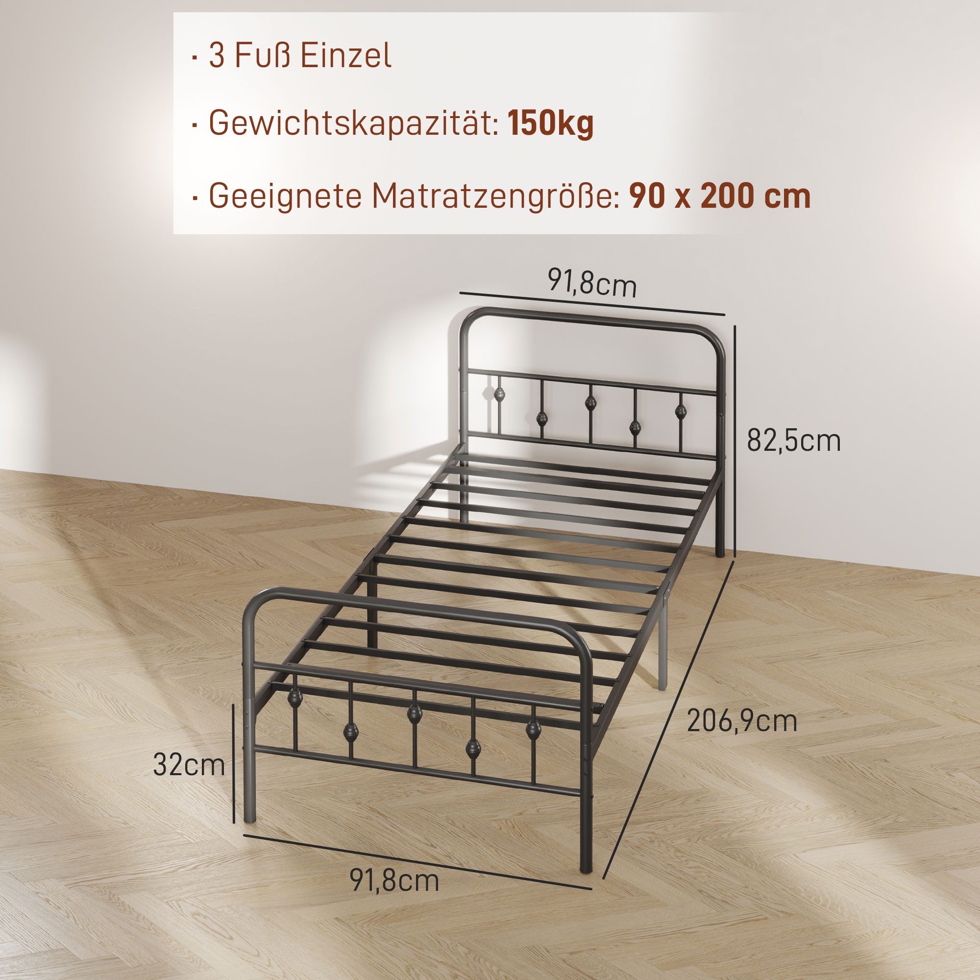 HOMCOM Bettgestell für Matratze 200 x 90 cm, klappbar, 82,5 cm hoch (Metallrahmenbett, 1-tlg., Bettrahmen), für Schlafzimmer Gästezimmer, Schwarz