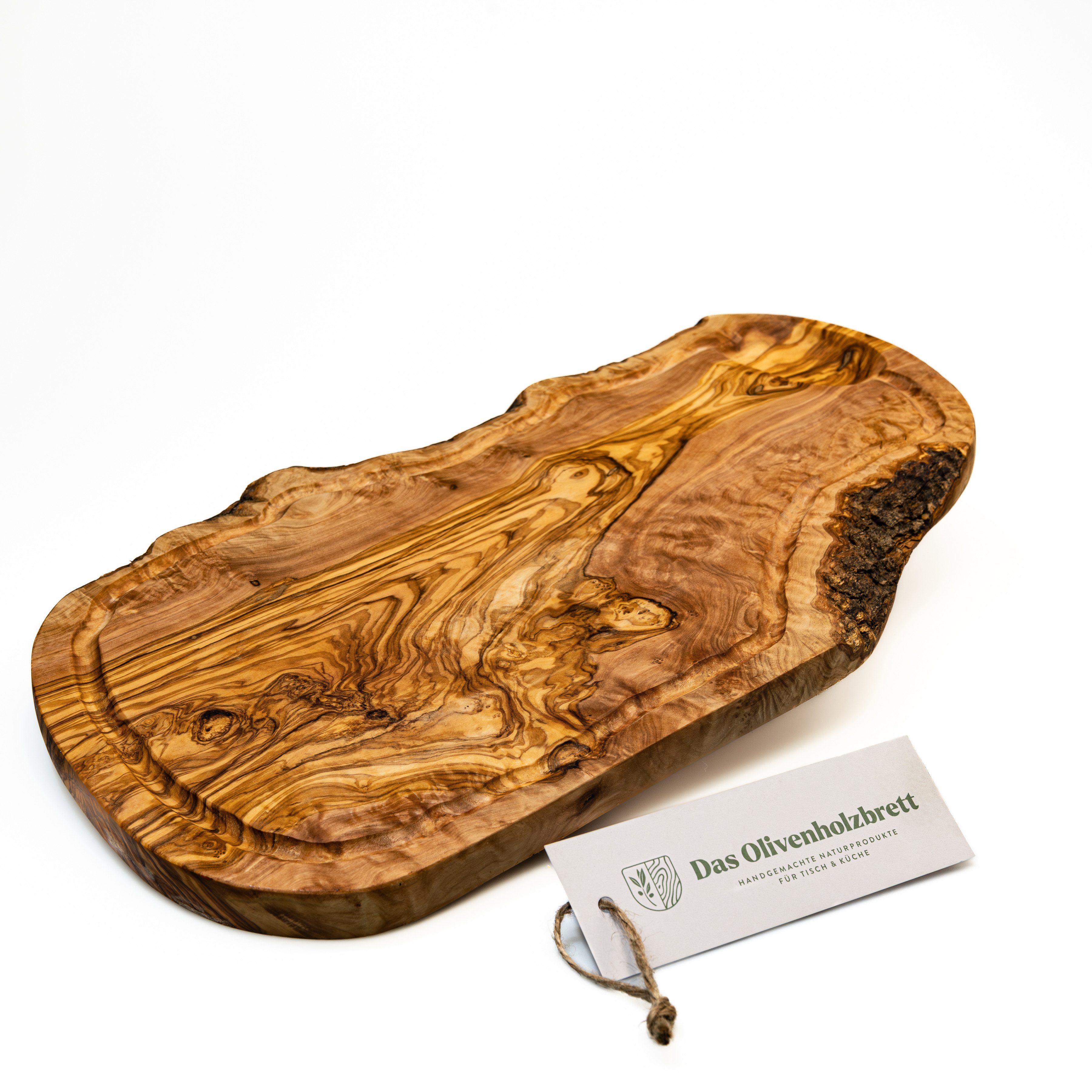 dasOlivenholzbrett Servierbrett Servierbrett aus Olivenholz im Naturschitt, mit Saftrille