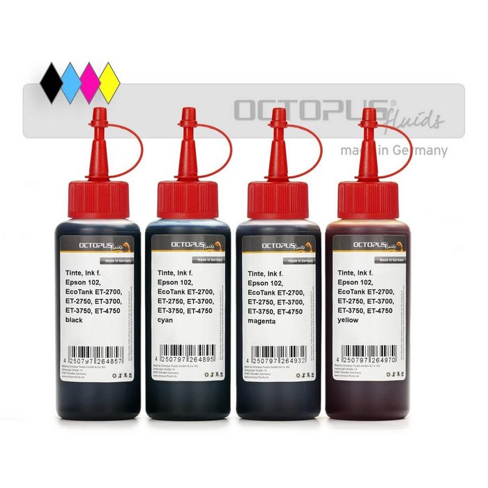 OCTOPUS Fluids Druckertinte für Epson 102 EcoTank ET-2700 ET-2750 ET-3700 ET-3750 Nachfülltinte (für Epson 4x 100 ml)