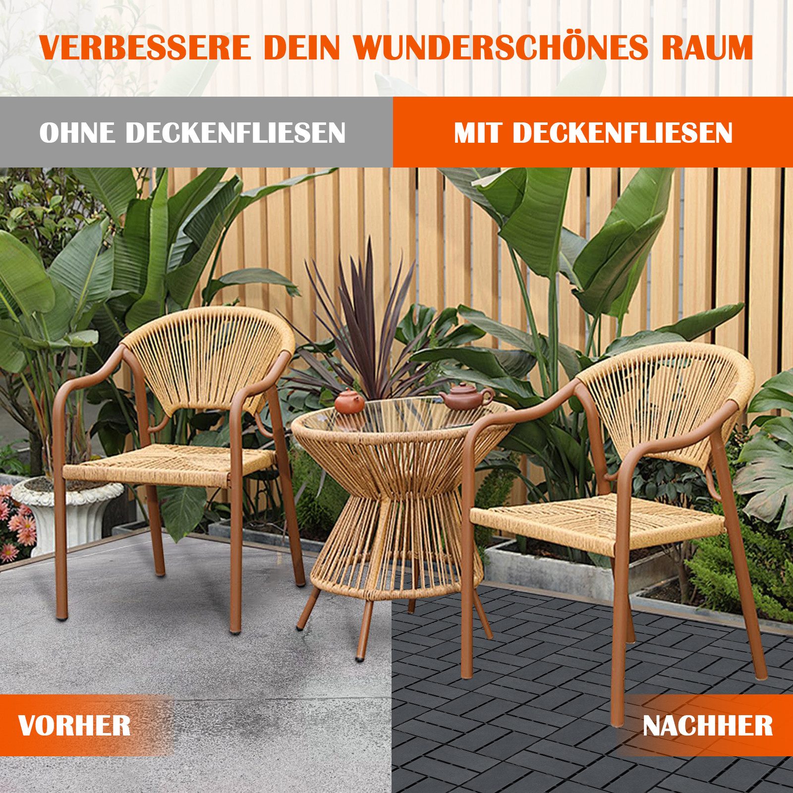 PFCTART Terrassendielen Terrassenfliesen mit Klicksystem 44 Stück, Kunststoff Bodenfliesen, 4,09 m², BxL: je 30.48x30.48 cm, 20 mm Stärke, (Set, 44-St., Für Balkon, Terrasse, Garten, Patio, Wege & Innenbereich), Wetterfest, rutschfest, einfache Klickmontage