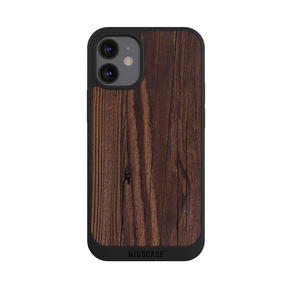 NIVOCASE Handyhülle Holzoptik Holz Nussbaum Maserung Holzlook, Apple iPhone 12 mini Handyhülle Hülle NIVOpure Case Schwarz