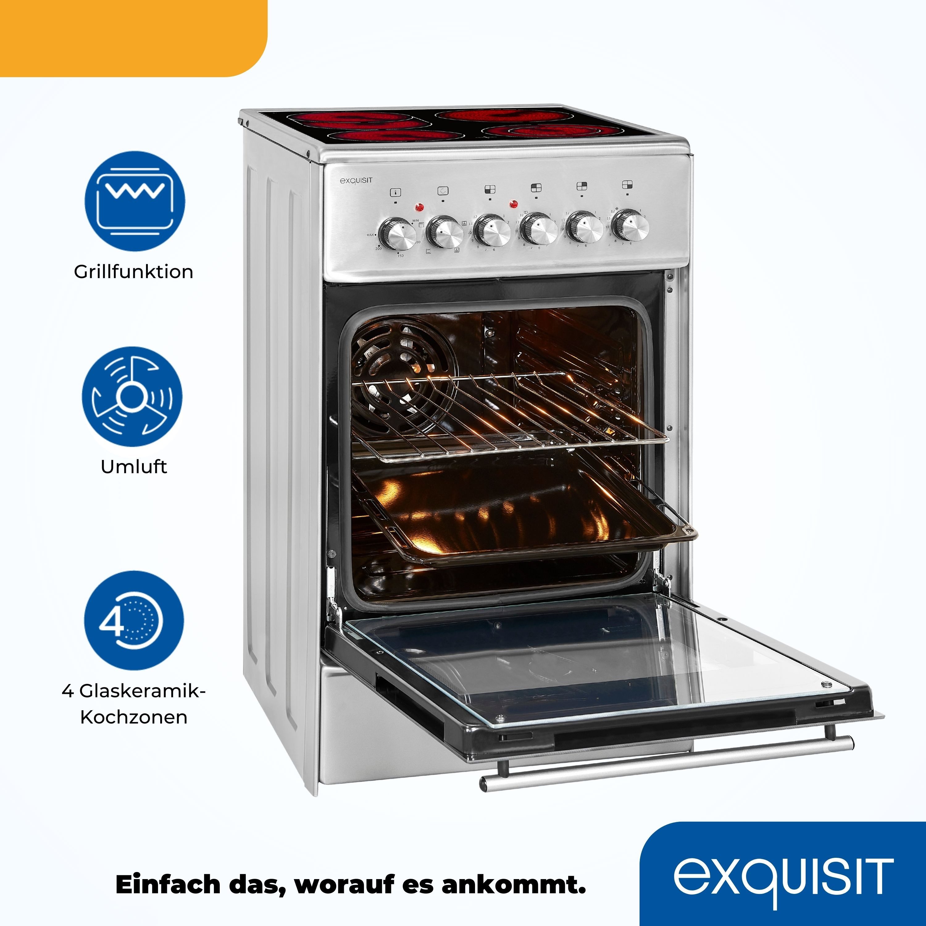 exquisit Elektro-Standherd ECM 5-4 BZ, Grill, Umluft, 2-Kreisbräter & Bräterzone ideal für flexibles Kochen