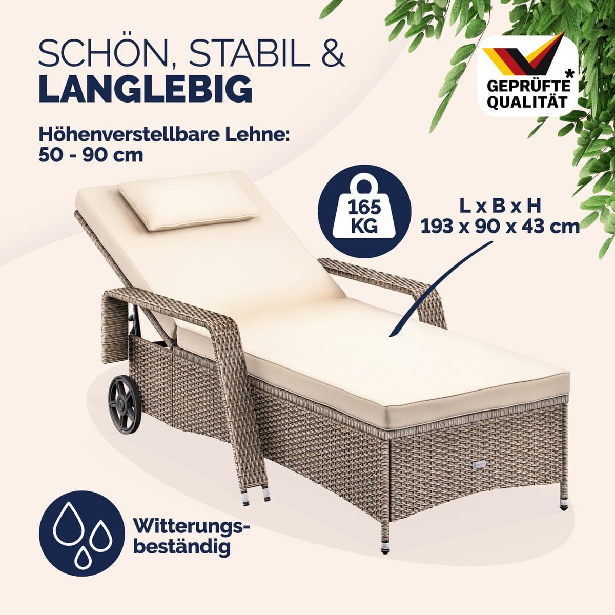 Casaria Gartenliege, 165kg Belastbar 7cm Auflage mit Rollen Sonnenliege 5fach verstellbar