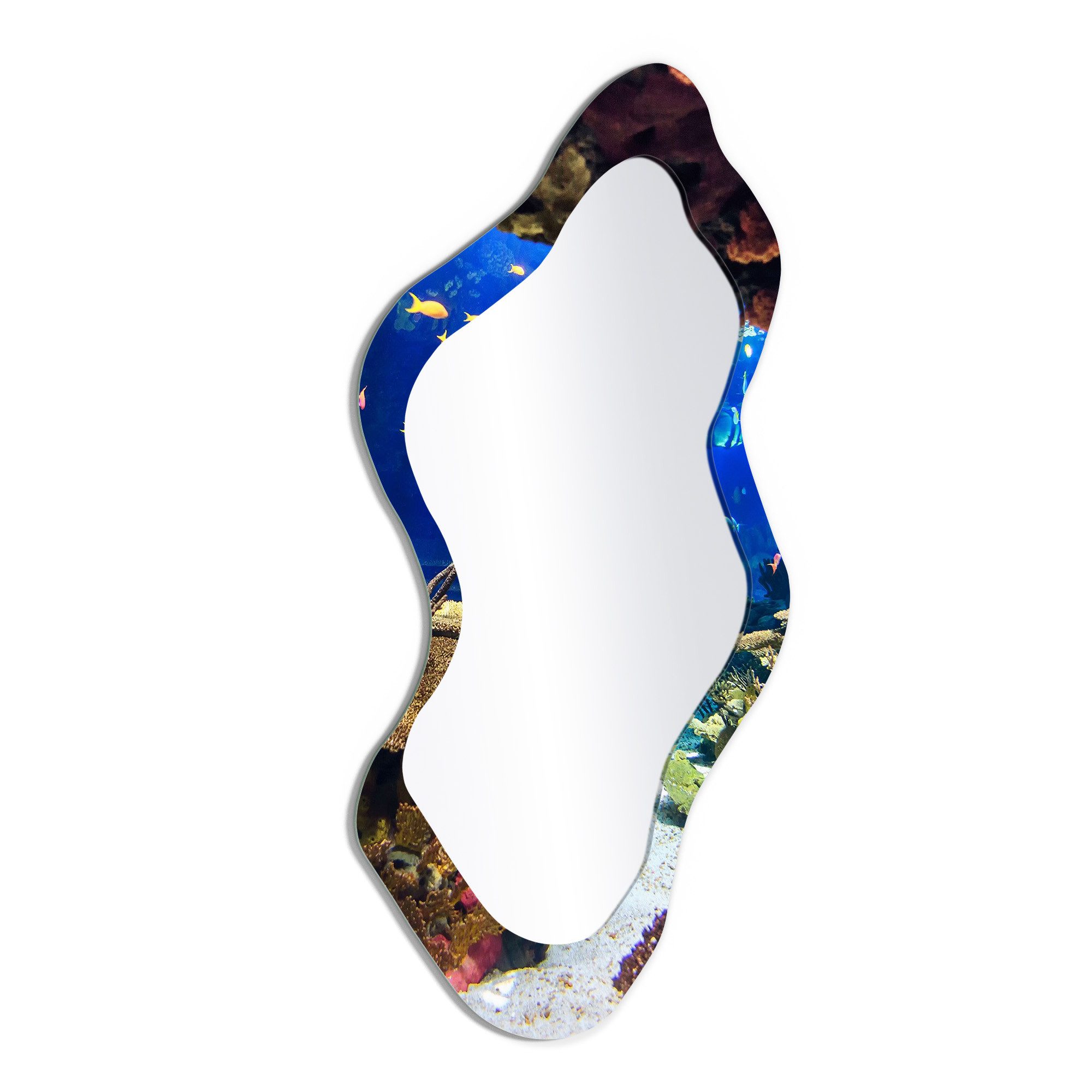 DEQORI Wandspiegel 'Exotisches Aquarium', Spiegel organisch geformt selbstklebend Wand Wohnzimmer Flur groß XXL