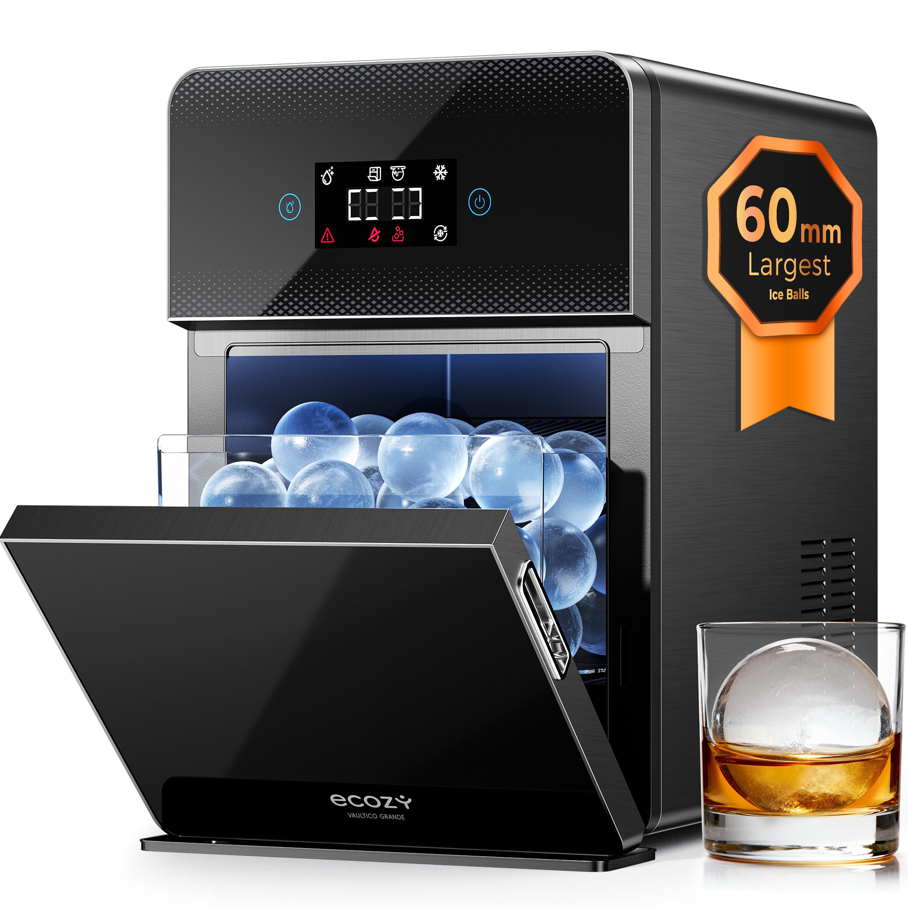 eCozy Eiswürfelmaschine für kristallklare Eiskugeln Ø 60 mm, extragroß, 3 Eiskugeln in 45 Min, Selbstreinigung, Duale Wasserzufuhr, LED-Display, 96 Eiskugeln/Tag