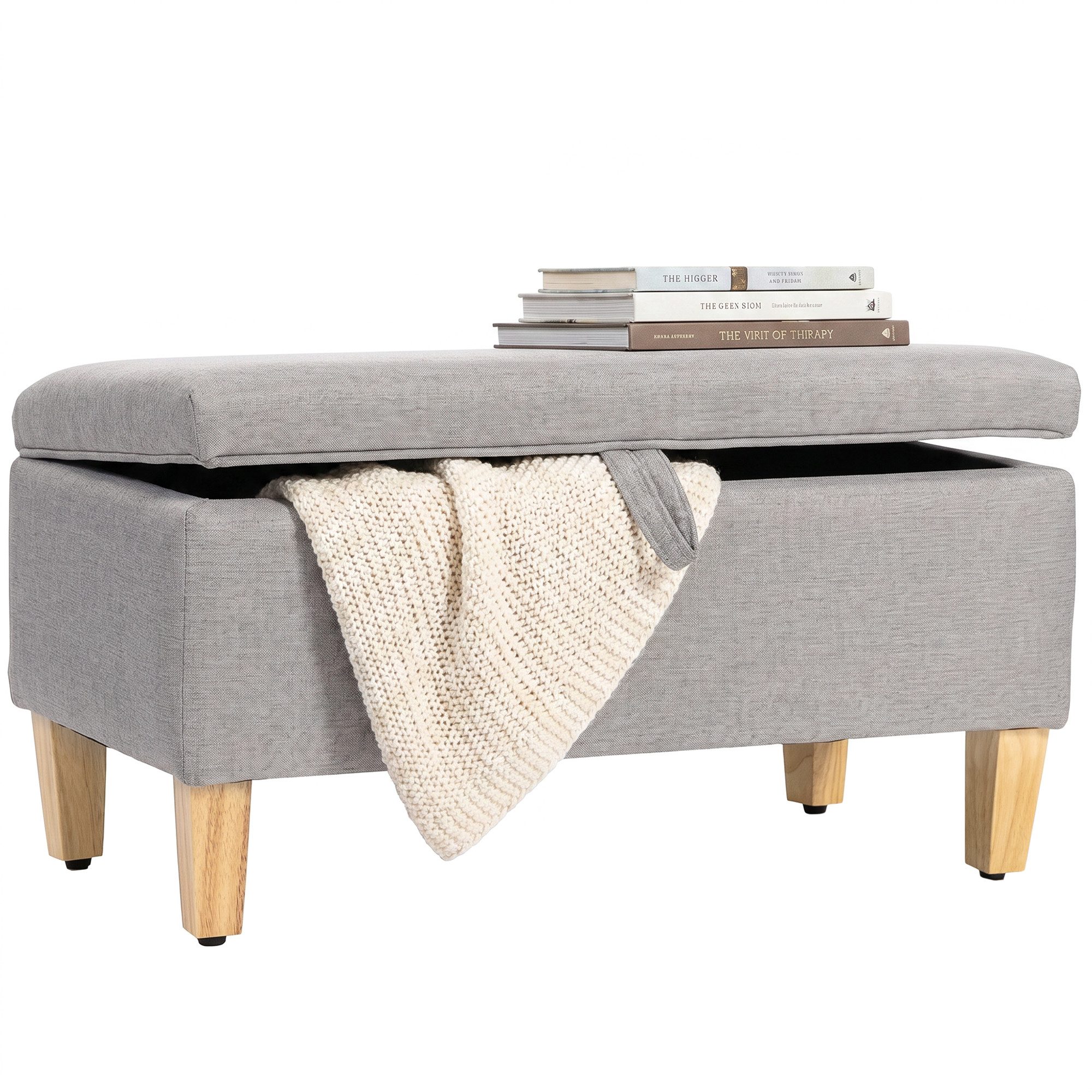 REDOM Sitzbank Sitztruhe / Hocker mit Stauraum Leinenoptik Hellgrau 71 x 37 x 36 cm (Packung, 1-St., Stabile Gummibaumholzbeine, multifunktionale Sitz- und Staubox), Polsterhocker mit Stauraumfach, geeignet für Wohnzimmer & Flur