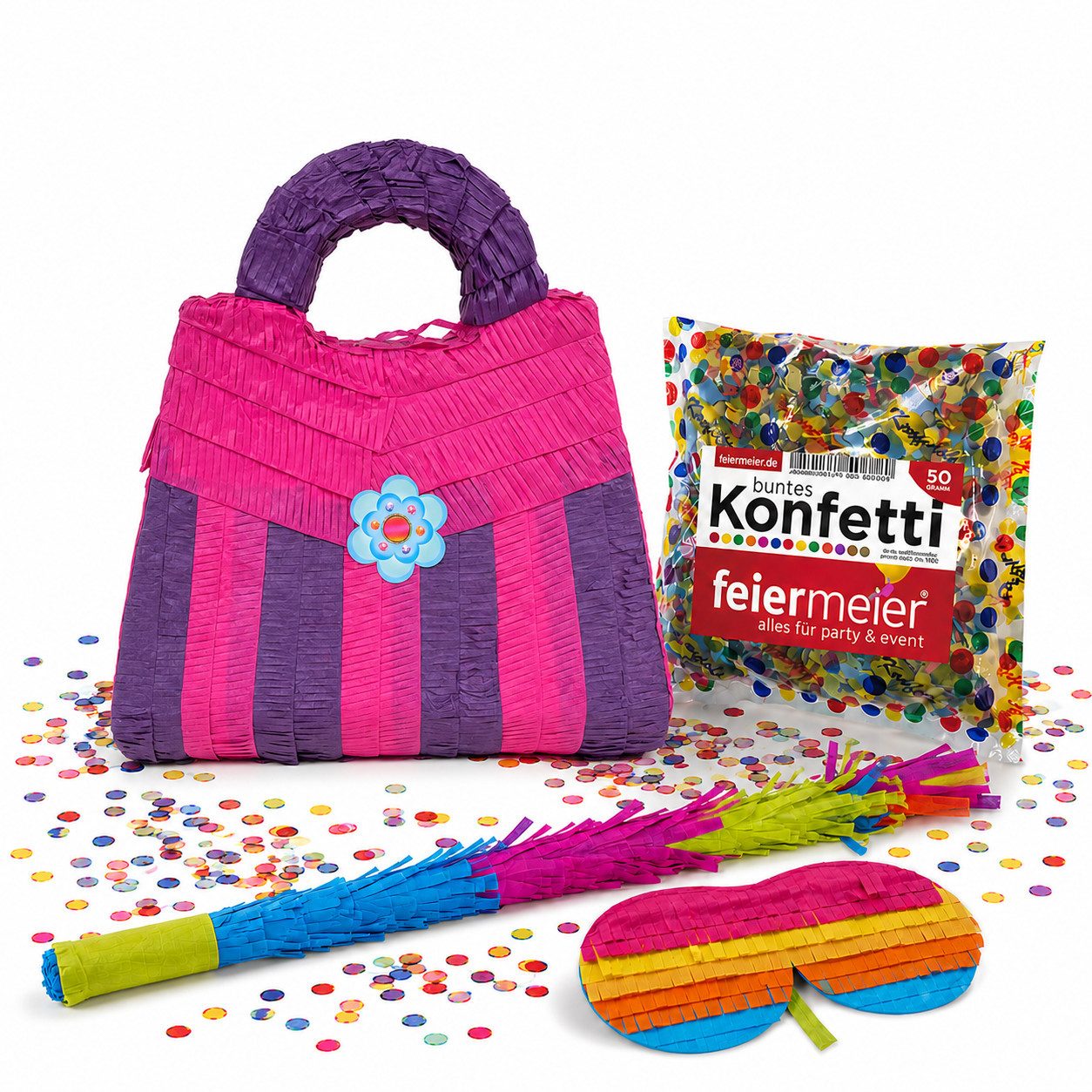 feiermeier Pinata Pinata-Set, 4-tlg. mit Augenmaske, Schlagstock un