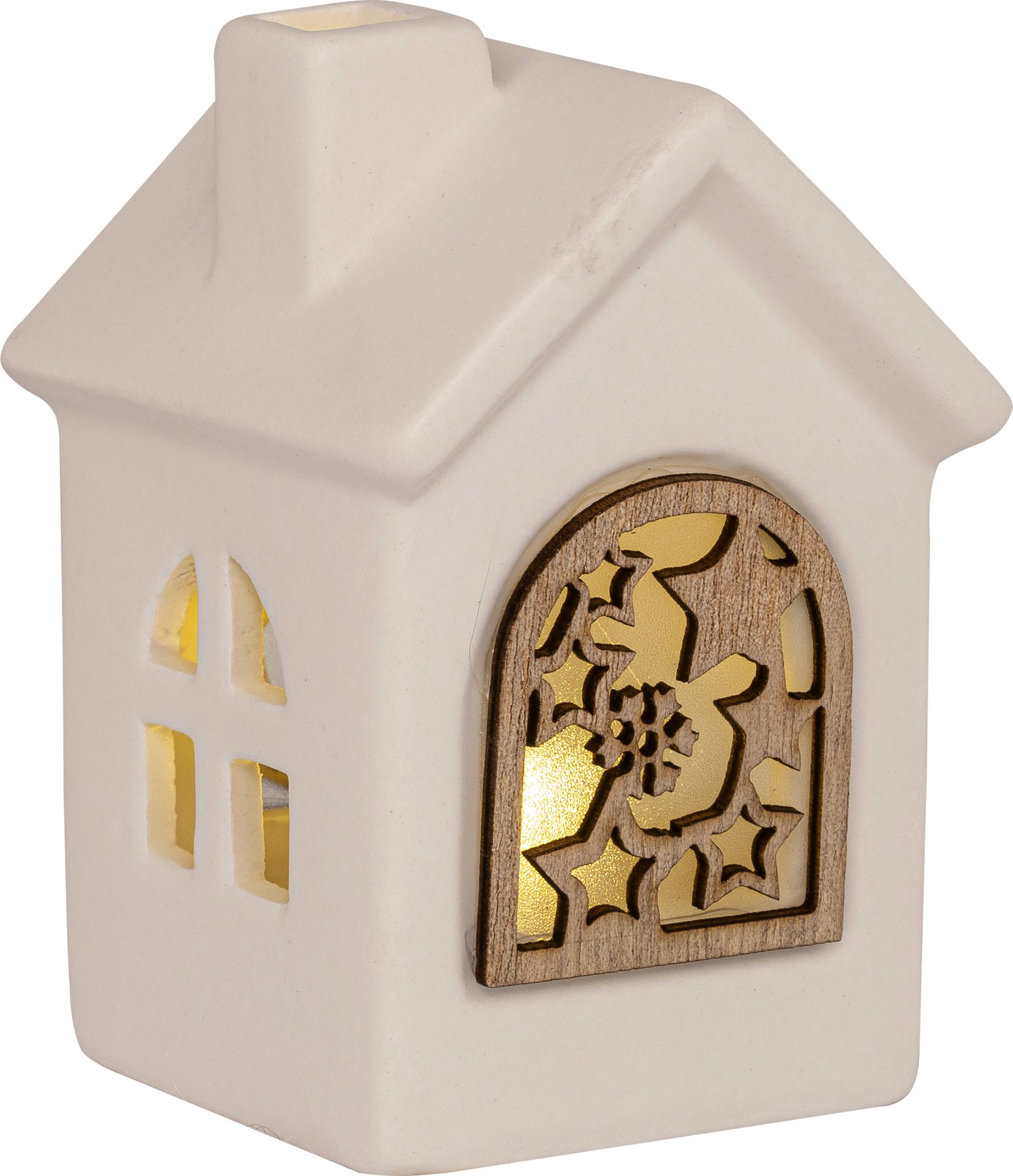HGD Dekoobjekt HW65-2313, LED-Keramik-Haus - mit Holz-Fenster, liebevoll gestaltete Deko für weihnachtliches Flair in Ihrem Zuhause