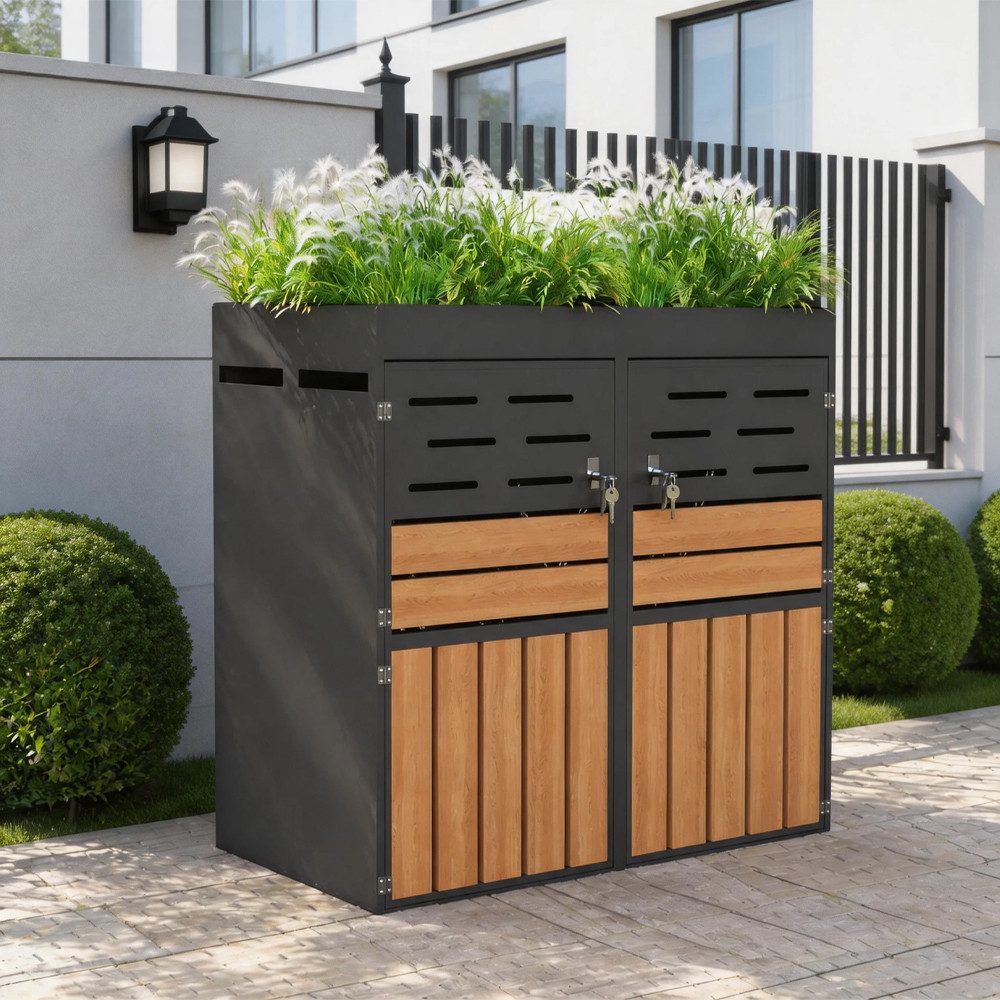 OKWISH Geräteschrank Geräteschrank aus verzinktem Stahl mit integriertem Pflanzkasten (Lamellenbelüftung und abschließbaren Türen inkl. Sicherungskette(ohne Abfalleimer), 2-St., Gartenschrank)