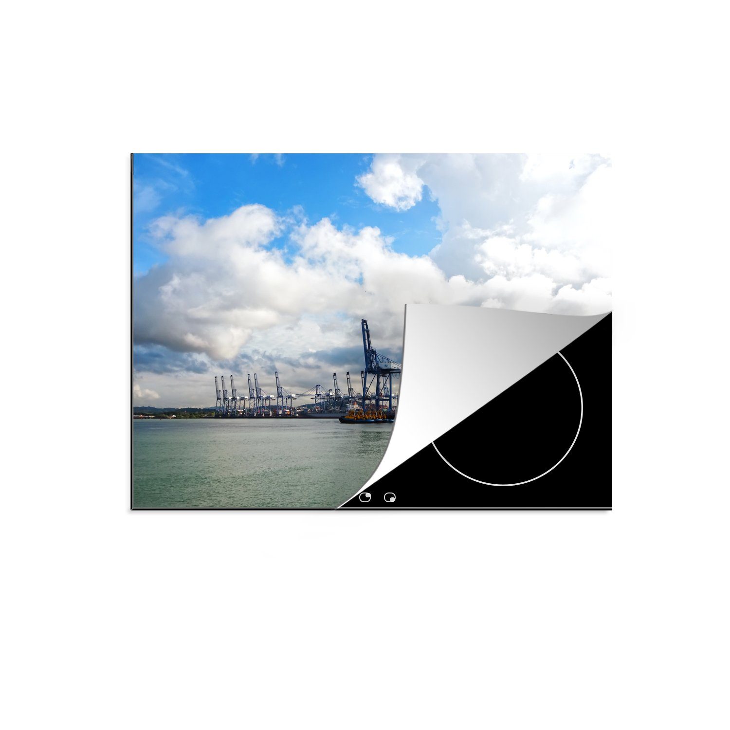 MuchoWow Herdblende-/Abdeckplatte Panamakanal mit Kränen im Hintergrund in Nordamerika, Vinyl, (1 tlg), 70x52 cm, Mobile Arbeitsfläche nutzbar, Ceranfeldabdeckung