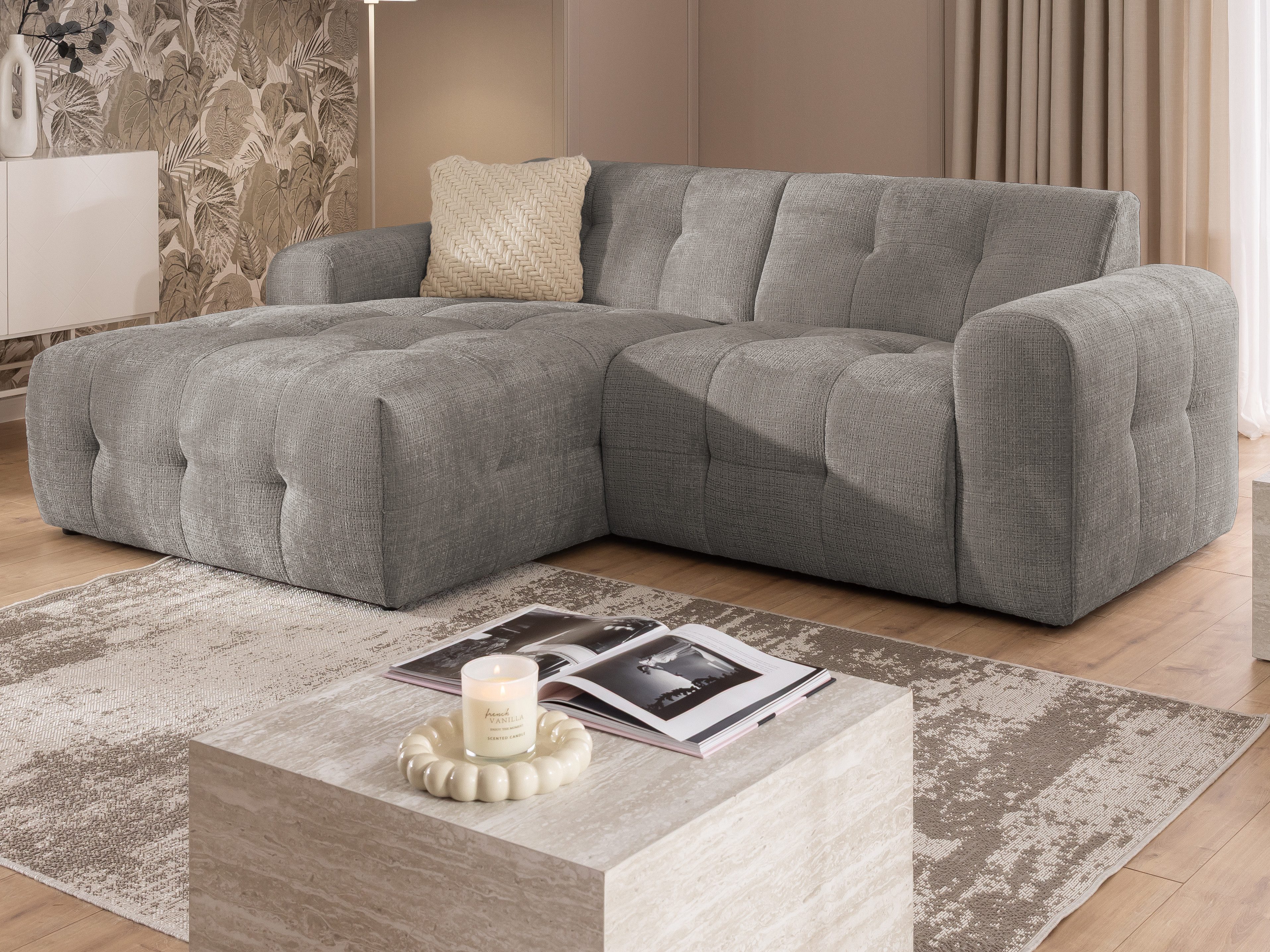 S-Style Möbel Ecksofa Kozy im Bumpy-Design mit fester Rückenlehne aus weichem Chenille-Stoff, mit Wellenfederung