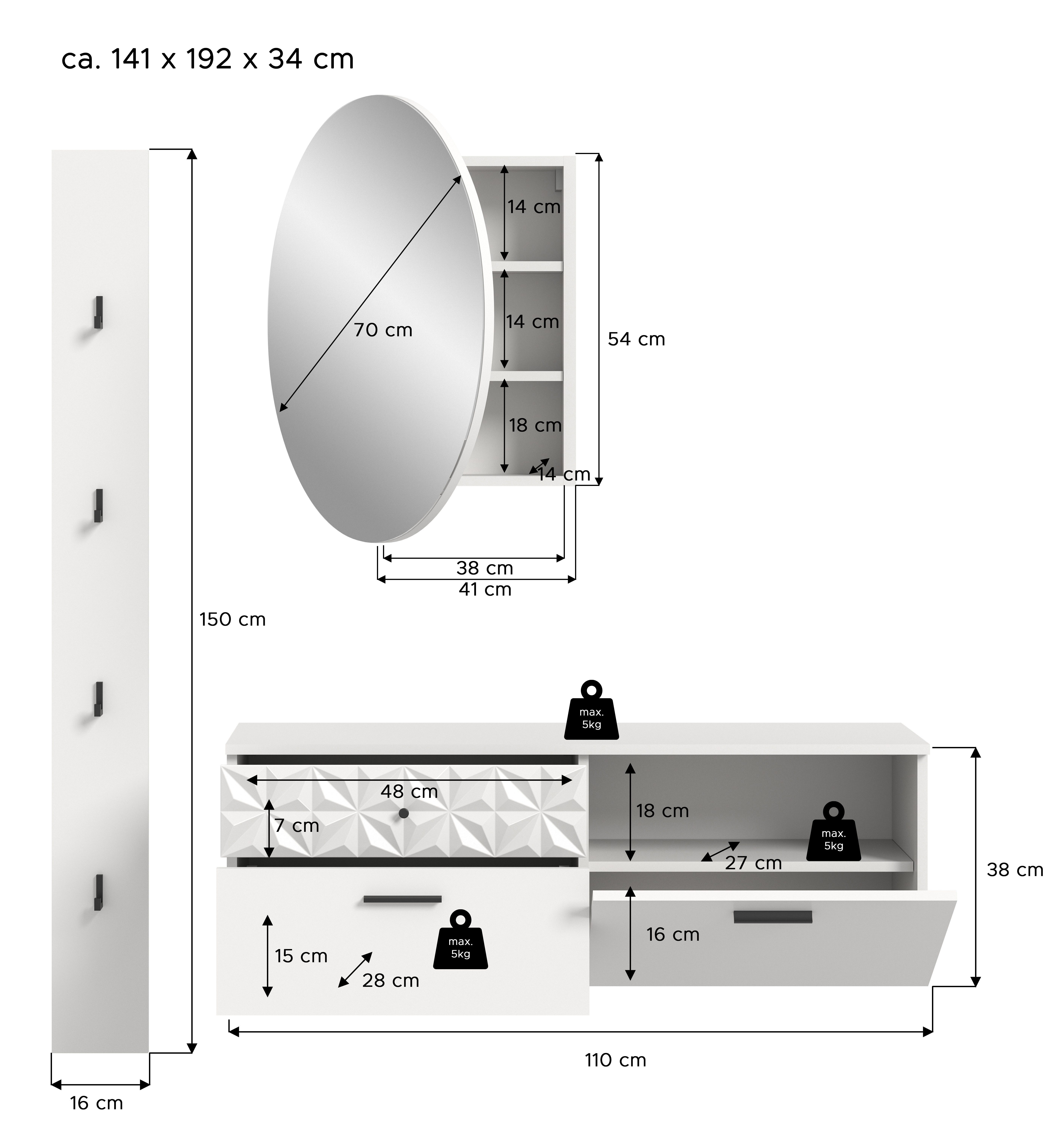 furnling Garderoben-Set Prima, (3-St., aus Wandpaneel, Schuhschrank, Spiegelschrank), ideal für den Flur, Schuhkommode, Flurschrank, Breite 141 cm