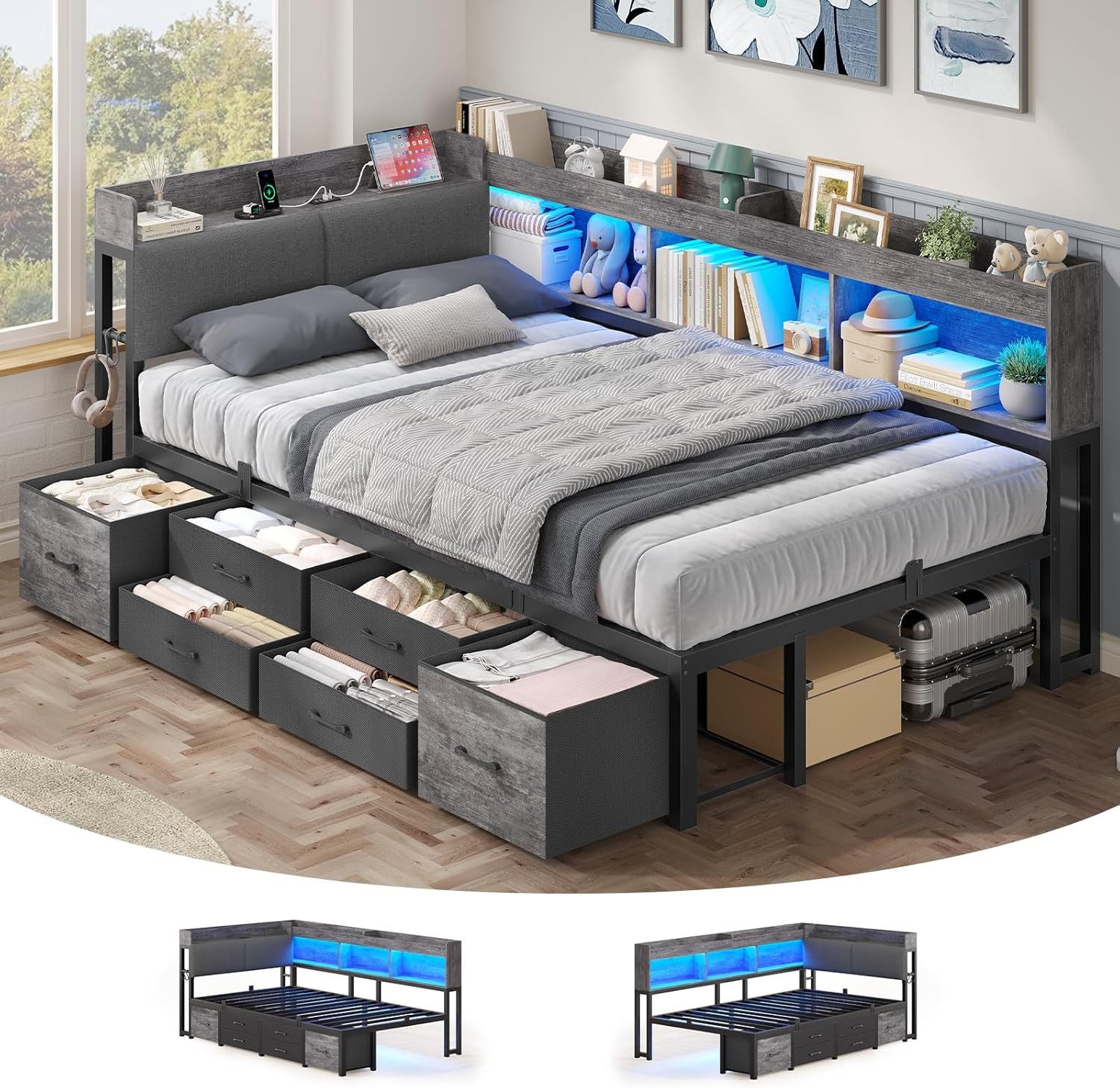 MSMASK Daybett Tagesbett Schlafsofa mit LED-Beleuchtung & Ladestation, Jugendbett mit 6 Staufächern und 6 Schubladen – Liegefläche 90x200 cm