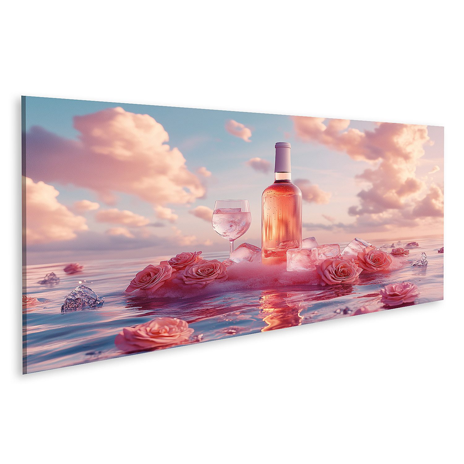 islandburner Leinwandbild Roséwein und Rosen im Sonnenuntergang