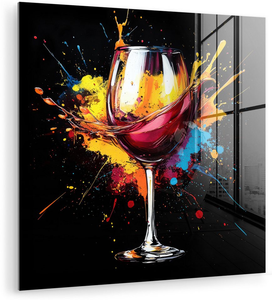 MuchoWow Acrylglasbild Wein - Glas - Graffiti - Getränk - Rot - Farbe, Inkl. Aufhängung, Bilder auf Glas Wandbild, Wanddeko Wohnzimmer Badezimmer, 20x20 cm
