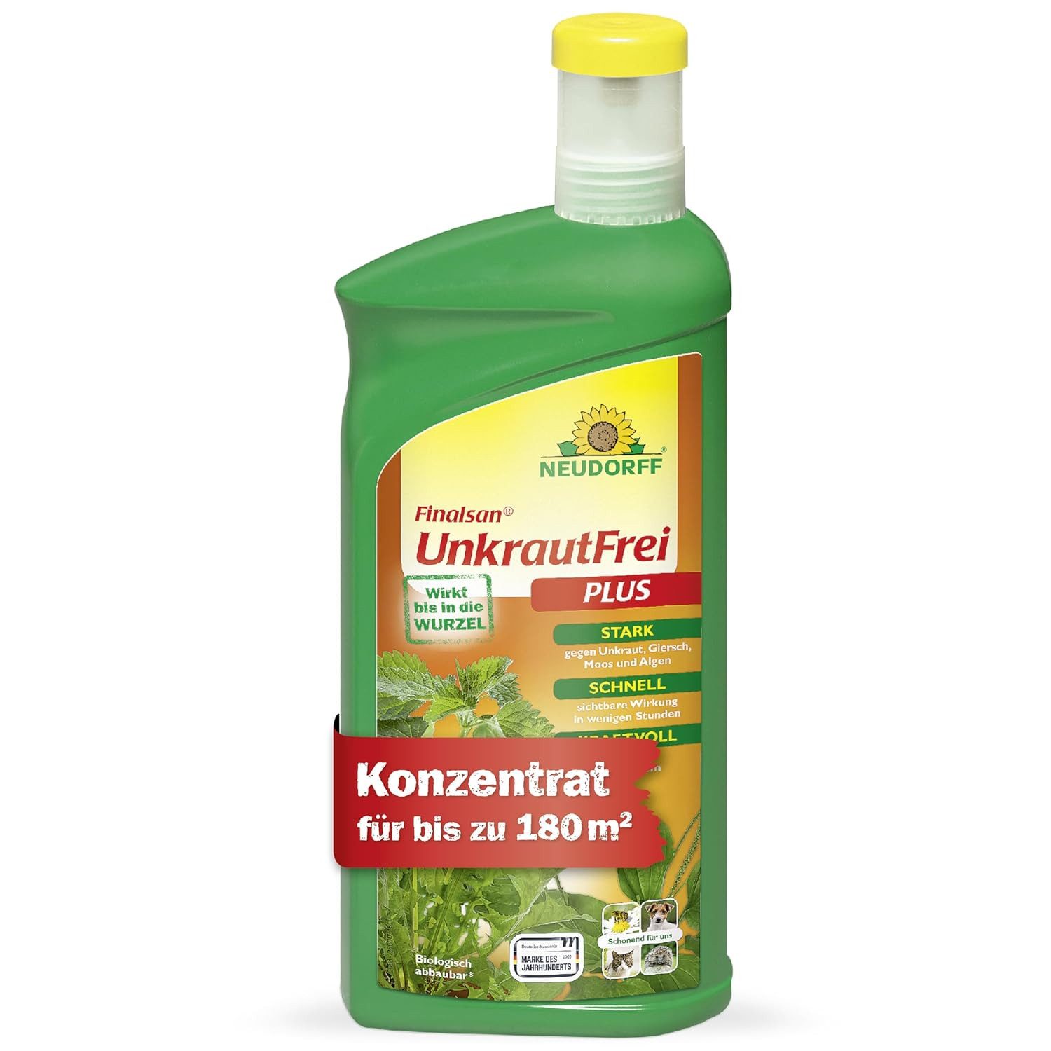 Neudorff Unkrautbekämpfungsmittel Unkrautbekämpfungsmittel Finalsan UnkrautFrei Plus 1 Liter für 180 m², 1000 ml, 1 St., Glyphosatfreies Unkrautvernichter-Konzentrat mit 2-fach-Wirksystem