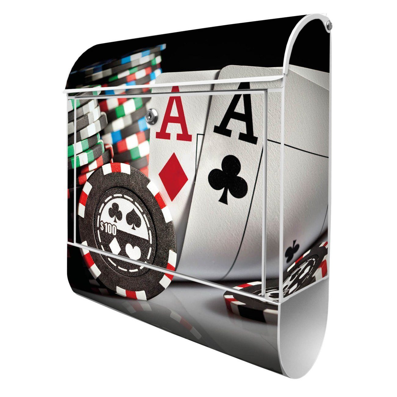 banjado Wandbriefkasten Stahl Poker (Wandbriefkasten witterungsbeständig, pulverbeschichtet, mit Zeitungsfach), 39 x 47 x 14cm weiß