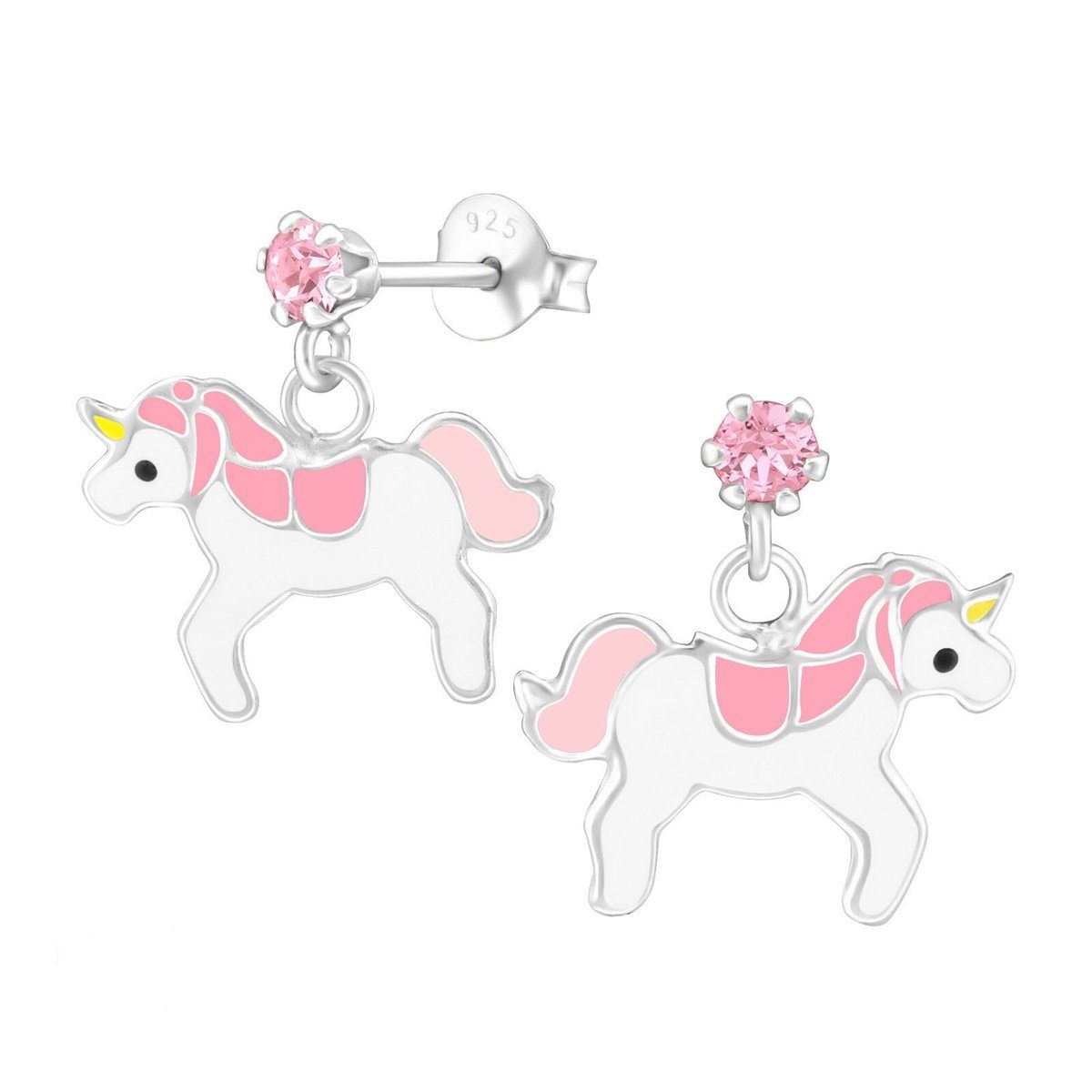 Goldene Hufeisen Paar Ohrstecker Mädchen Ohrstecker Einhorn Pferd Kinder Ohrringe aus 925 Silber (1 Paar, inkl. Etui), mit Kristall und Emaille Rosa