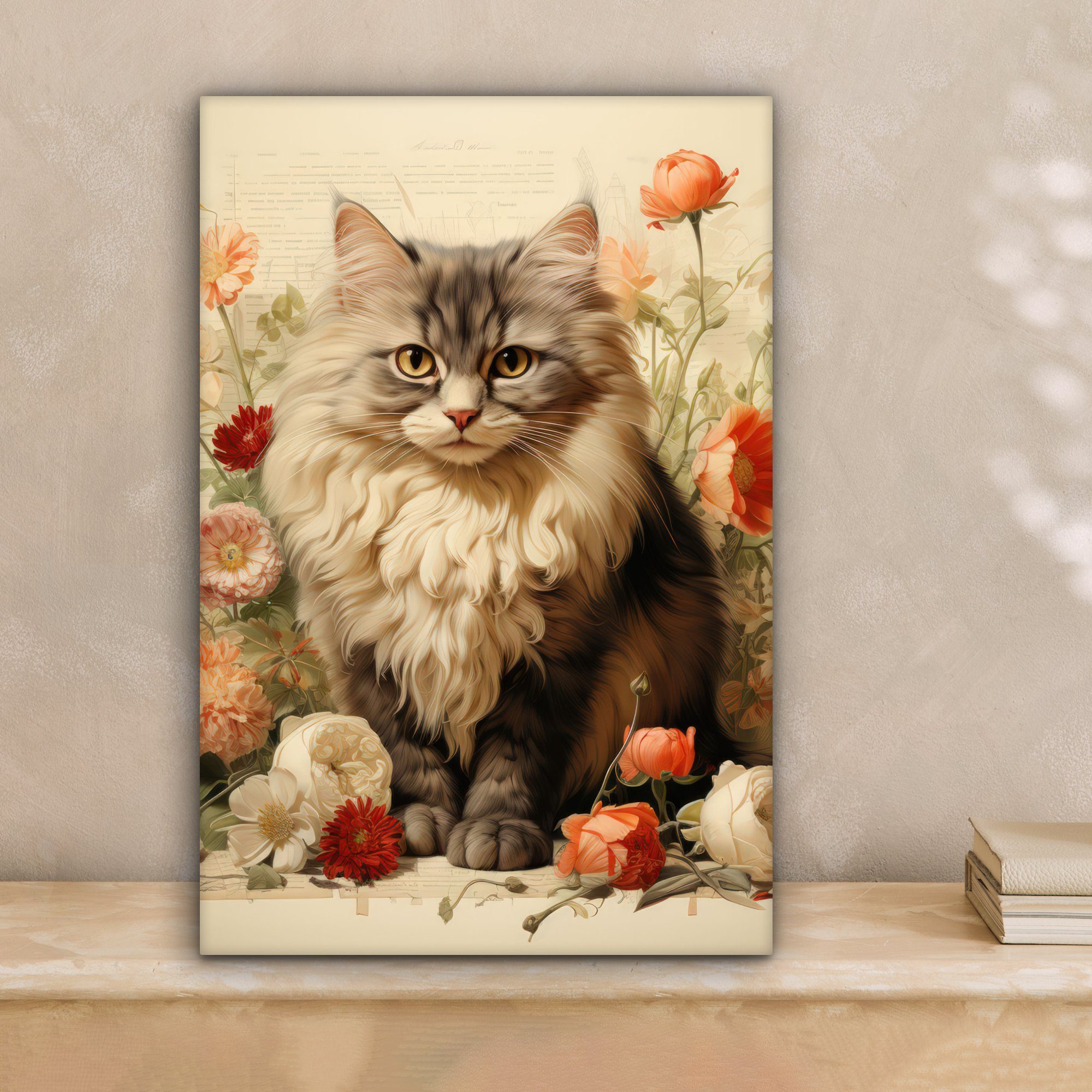 OneMillionCanvasses® Leinwandbild Vintage - Katze - Blumen - Weiß - Natur - günstig online kaufen