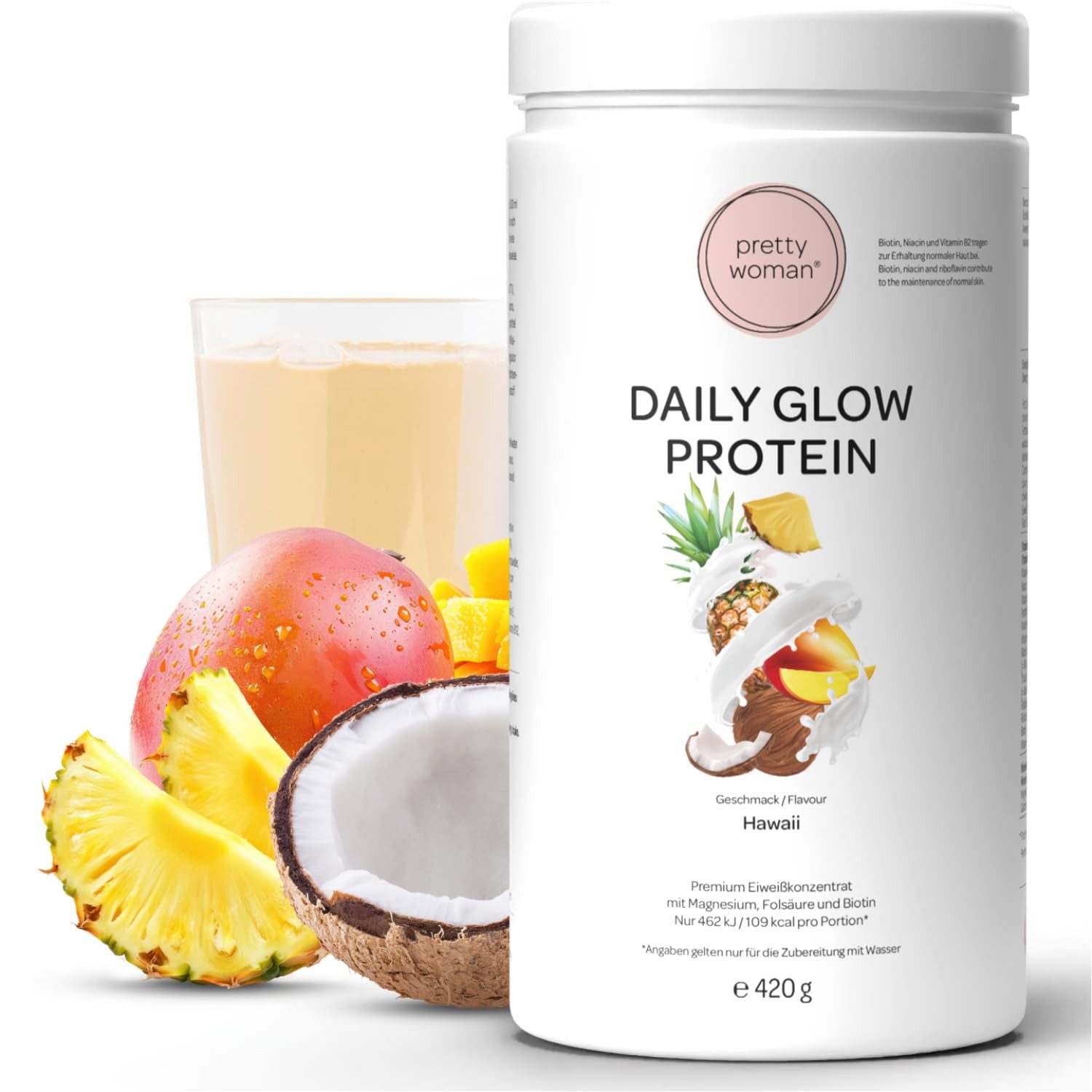 pretty woman Daily Glow Eiweiss Protein Pulver für Frauen, 420g Pulver, mit Vitaminen & Mineralien, Biotin & Folsäure