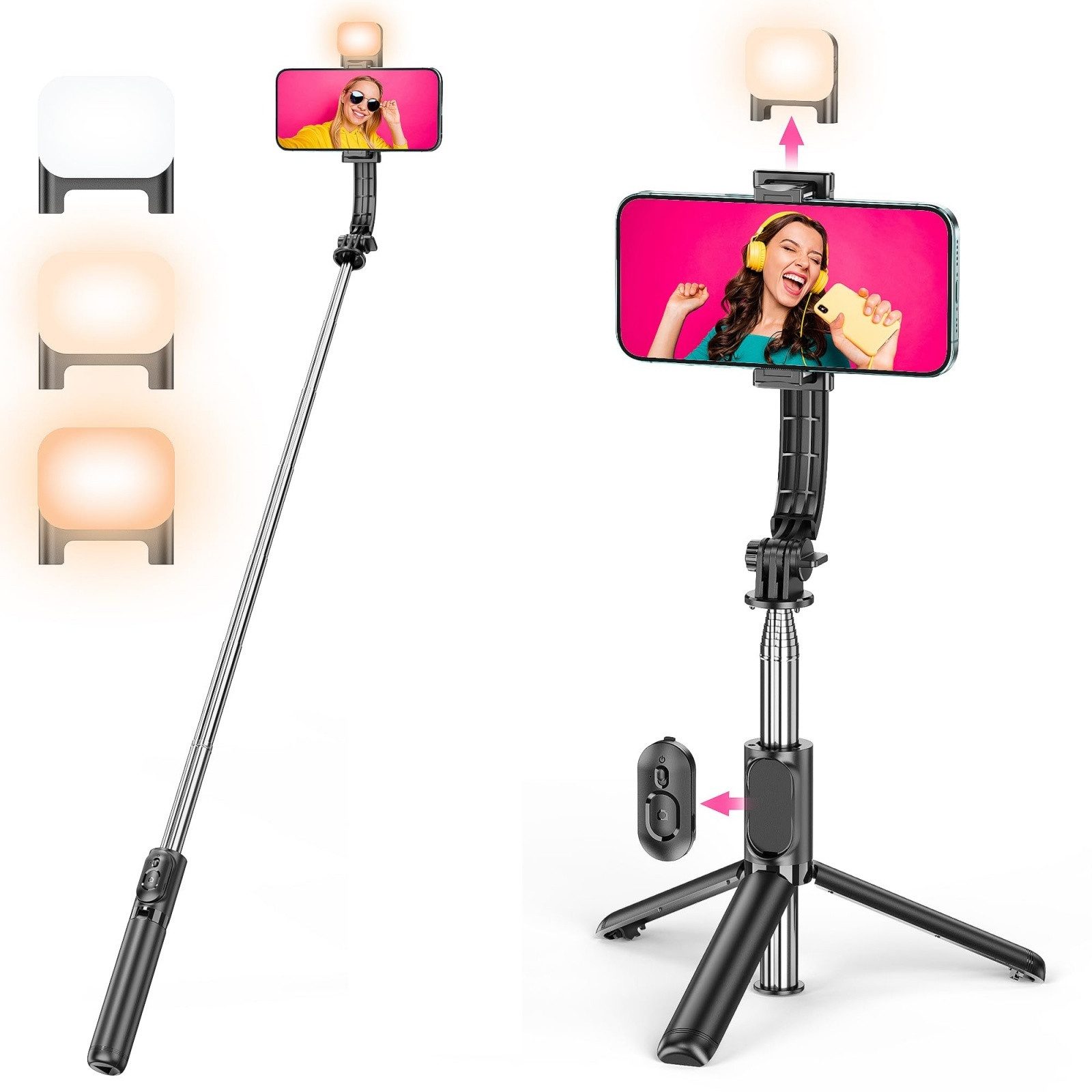 Bundviel Selfie-Stick Teleskopstativ Telefonhalter – Schwarz Selfie-Stick Klemmstativ