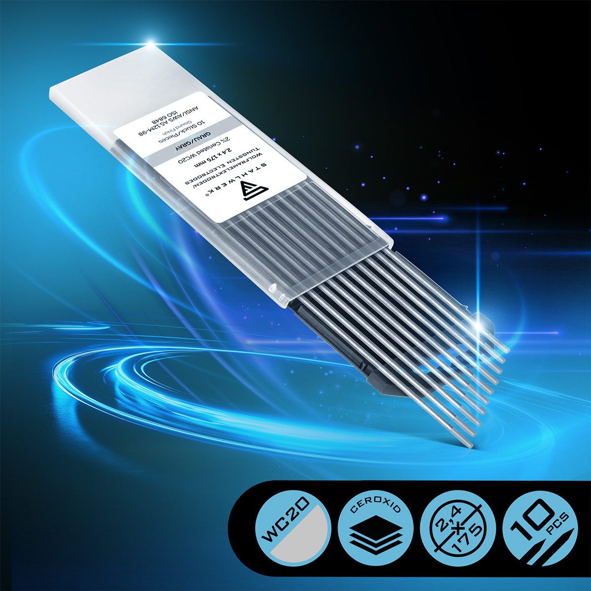 STAHLWERK Stabelektroden 10 x WIG Wolfram Schweißelektroden Grau 2,4 mm, (Packung), Universalelektrode für nahezu alle Anwendungen bis 220 A