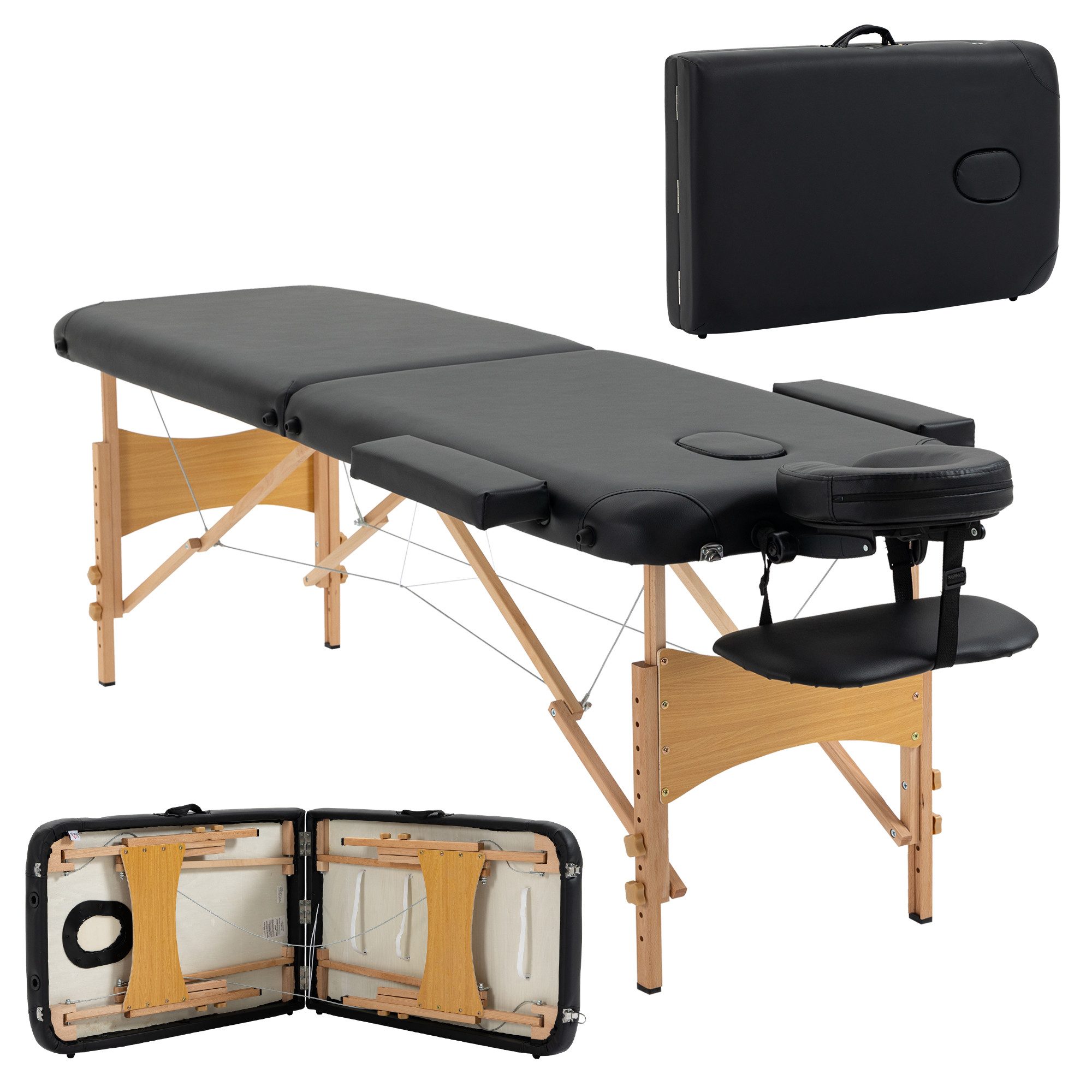 HOMCOM Massageliege klappbares Massagebett mit Kopfstütze (Massagebank, 1-St., Massagetisch), Kunstleder, Holz, Schwarz