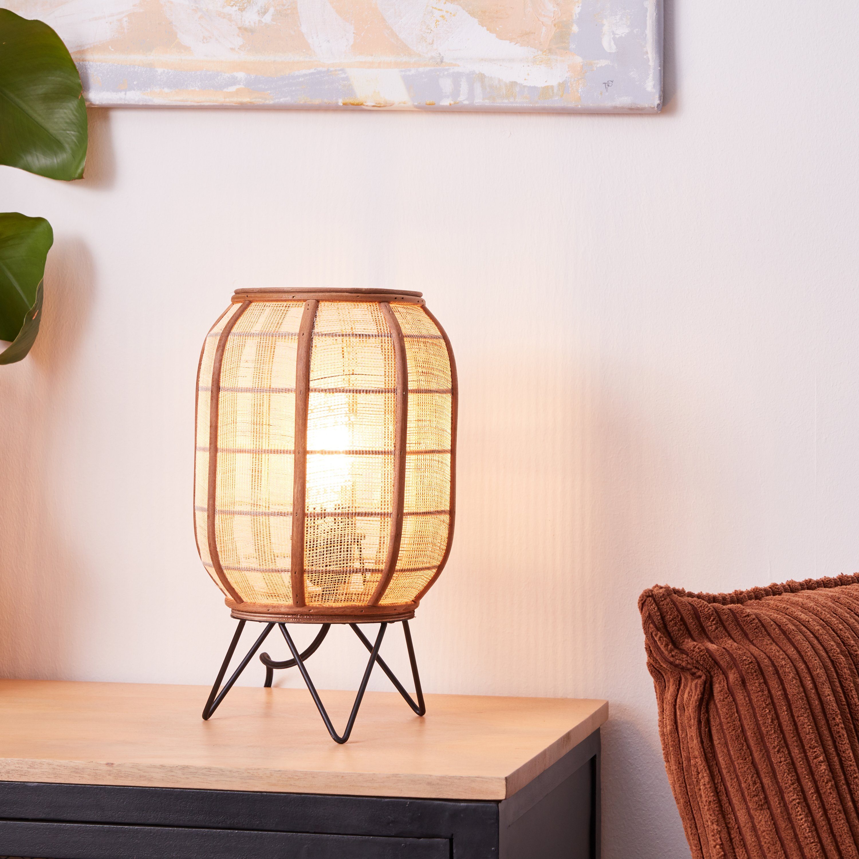 Nature Tischlampe mit Textil Leuchtmittel, Rouez, Style und 32cm Home aus ohne Tischleuchte Höhe, im Holz affaire Schirm