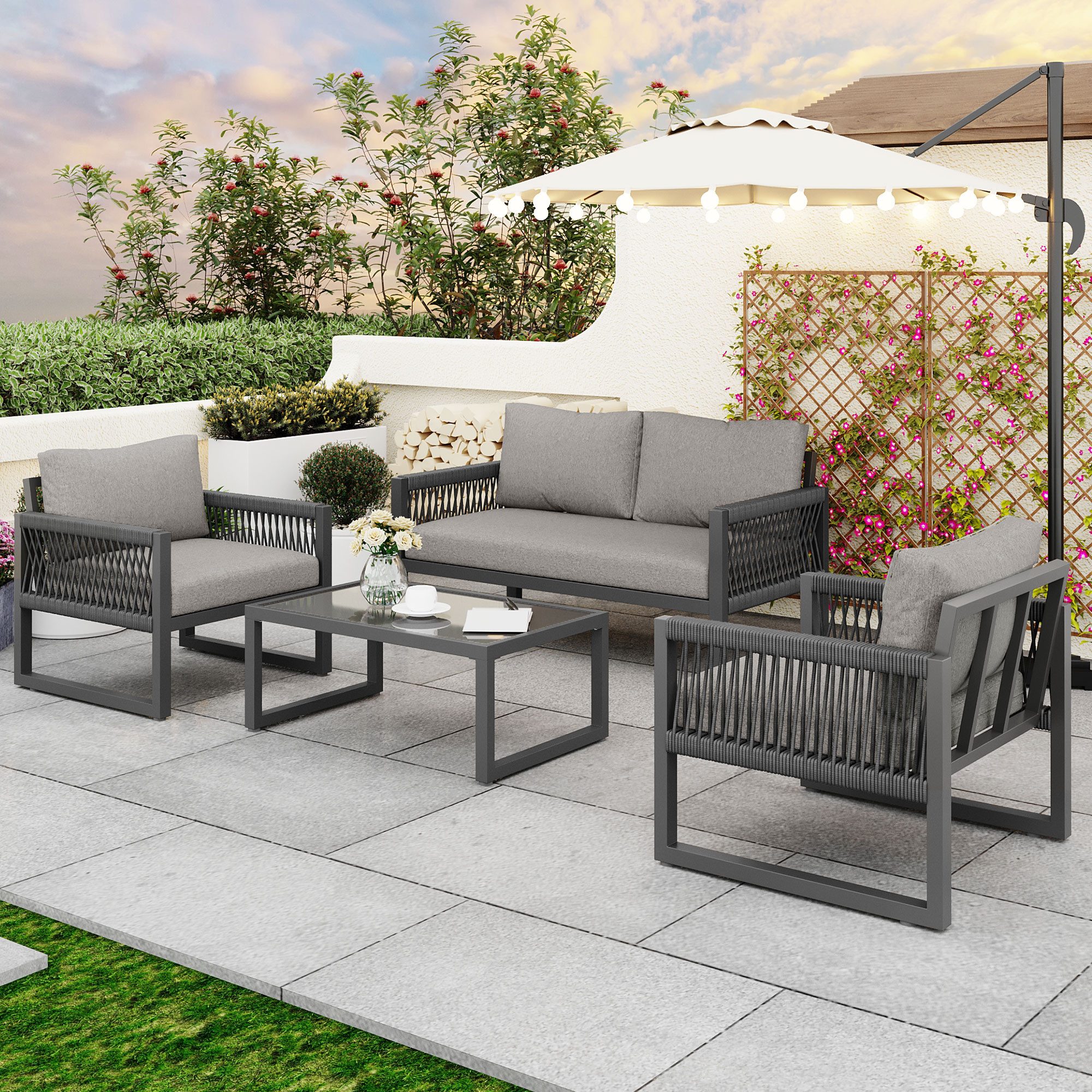 Flieks Gartenlounge-Set, 4 Sitzer Gartenmöbel Sitzgruppe Balkonset aus Eisen und Seil