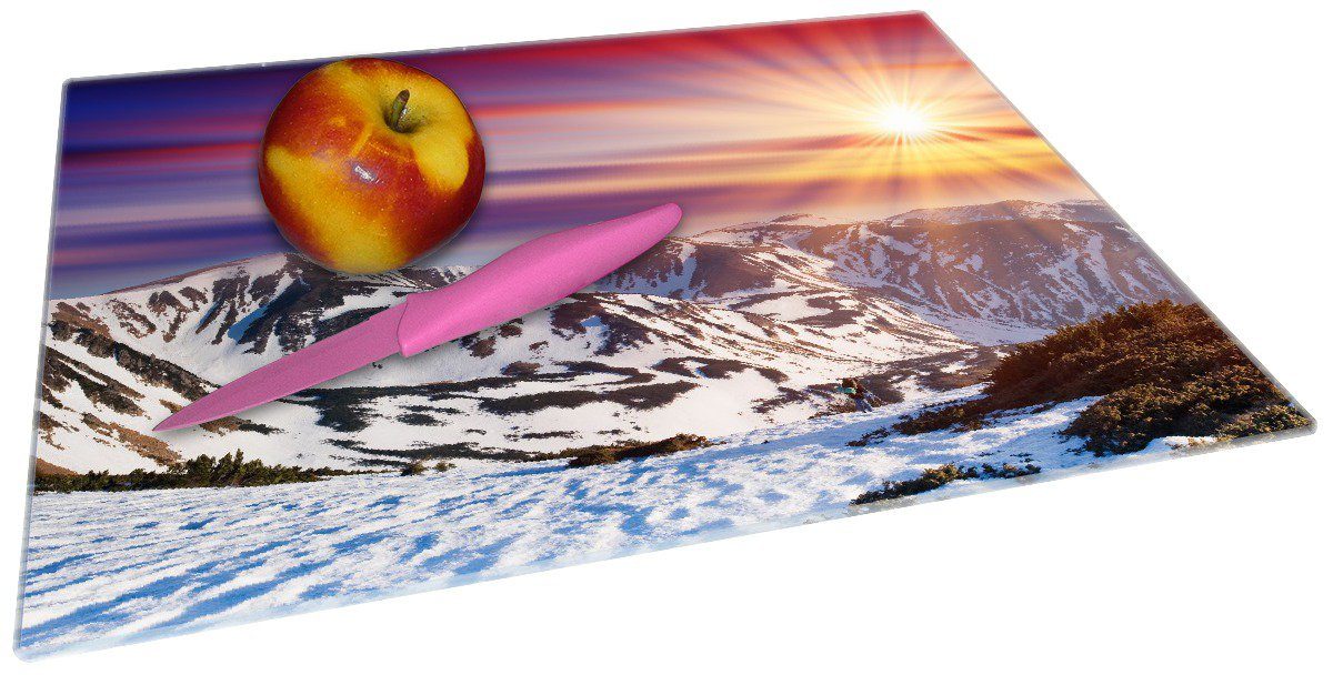 Bergen, ESG-Sicherheitsglas, Wallario - den Schnee Schneidebrett rutschfester Farbenfroher 30x40cm 4mm, Sonnenuntergang Winter im Gummifüße in (inkl. 1-St),