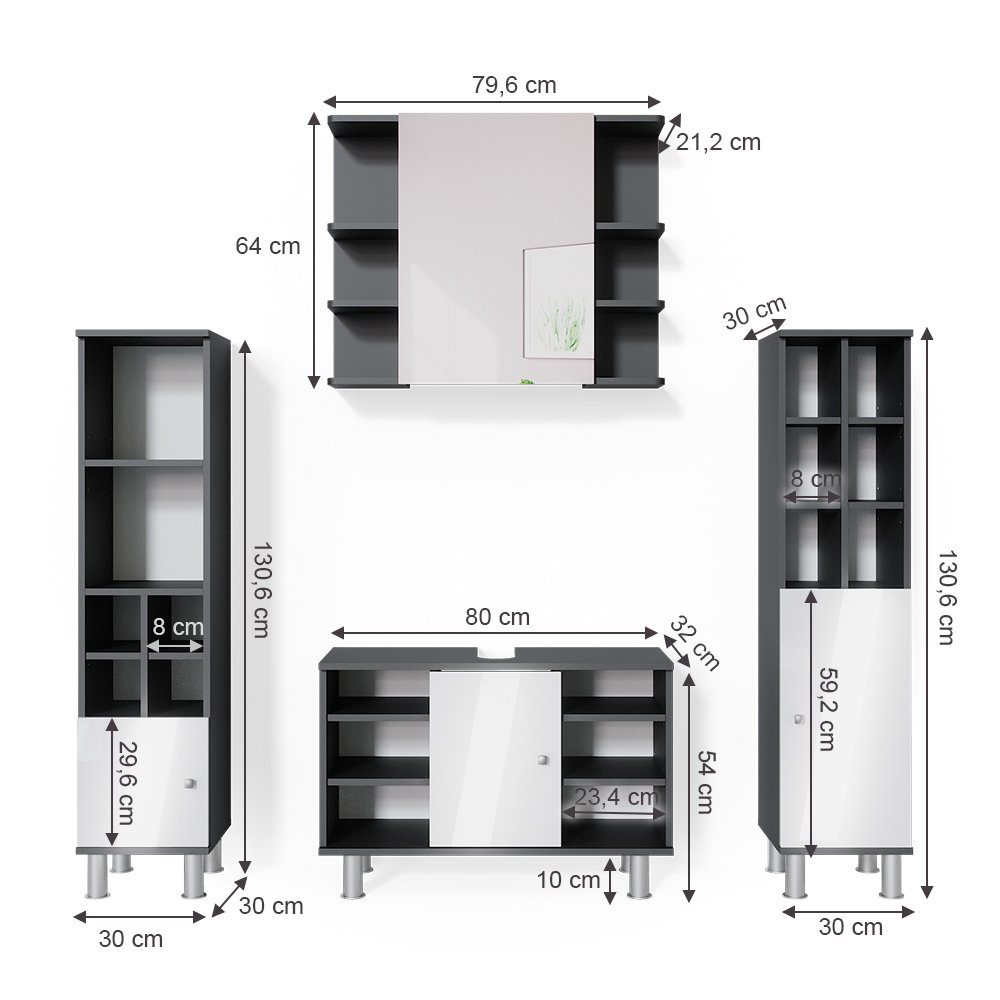 Vicco Badmöbel-Set Fynn, Anthrazit/Weiß, 4 Teile, mit Midischränke, (4-er Set, 4-St., 4er Set)