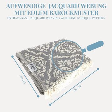 Tagesdecke Jacquard King Size Barock 260 x 260 cm grau, 100% feine Baumwolle, Carenesse, Edle & zarte Wendedecke Überwurf für Bett & Sofa Wohndecke Tischdecke