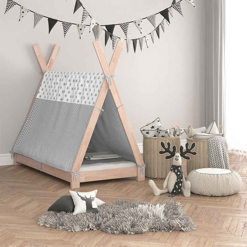 VitaliSpa® Kinderbett Kinderhausbett 80x160cm TIPI Weiß Überwurf