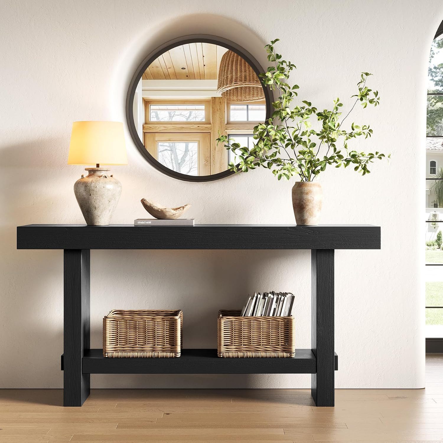 Tribesigns Konsolentisch Konsoltisch 160 cm Massivholz 2‑Ebenen Landhausstil Schwarz für Flur – Bild 4 von 5