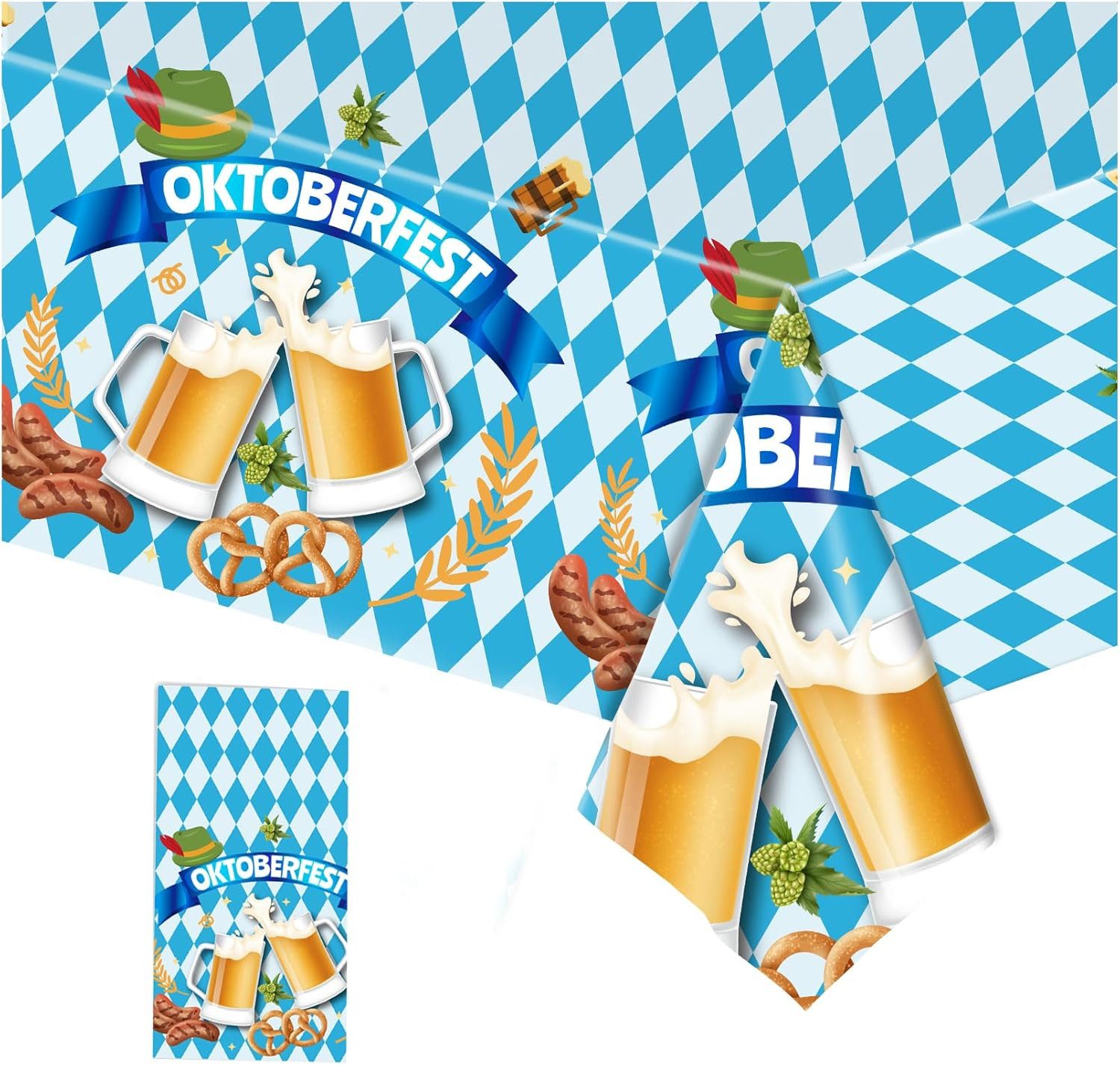 Coonoor Tischdecke Oktoberfest Tischdecke,Oktoberfest Deko,Bayern Party Dekoration (Bayerische Tischdeko,Blau Weiß Bayrische Bier Tischtuch), Biertisch Plastik Einweg Tischdecken für Festival Tisch(137×274cm)
