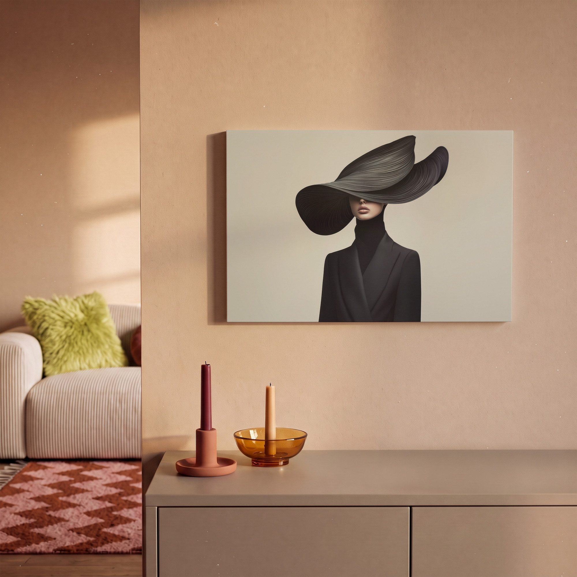 OneMillionCanvasses® Leinwandbild Schwarz - Frau - Hut, Fotodruck (1 St), Wandbild, Deko Schlafzimmer Wohnzimmer Flur 20x20 cm – Bild 2 von 5
