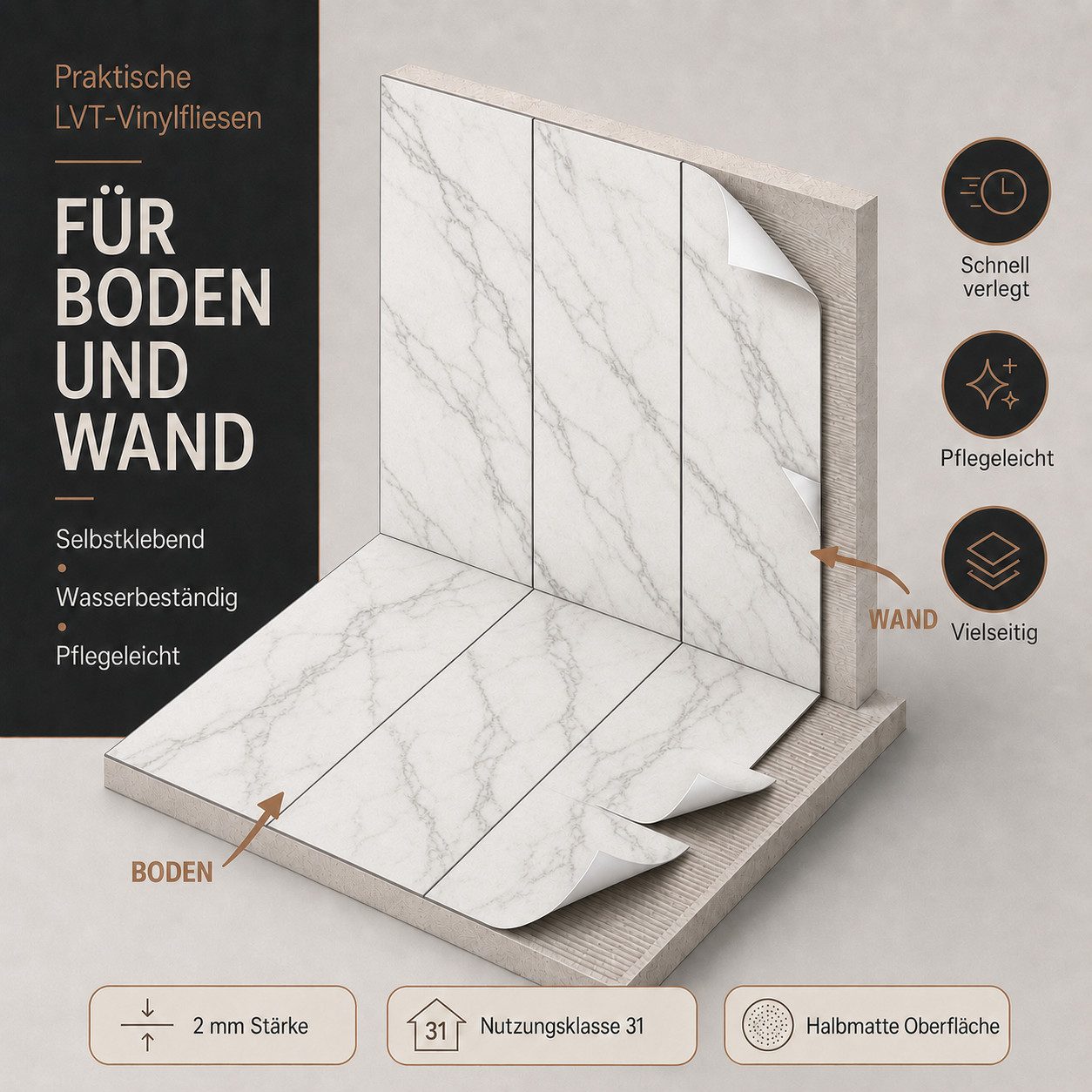 NoblesBox Designboden LVT Vinylboden selbstklebend 2 mm, 60 x 30 cm, für Boden, Wand & DIY, DIY-Renovierung, selbstklebend und leicht zuschneidbar – Bild 5 von 5